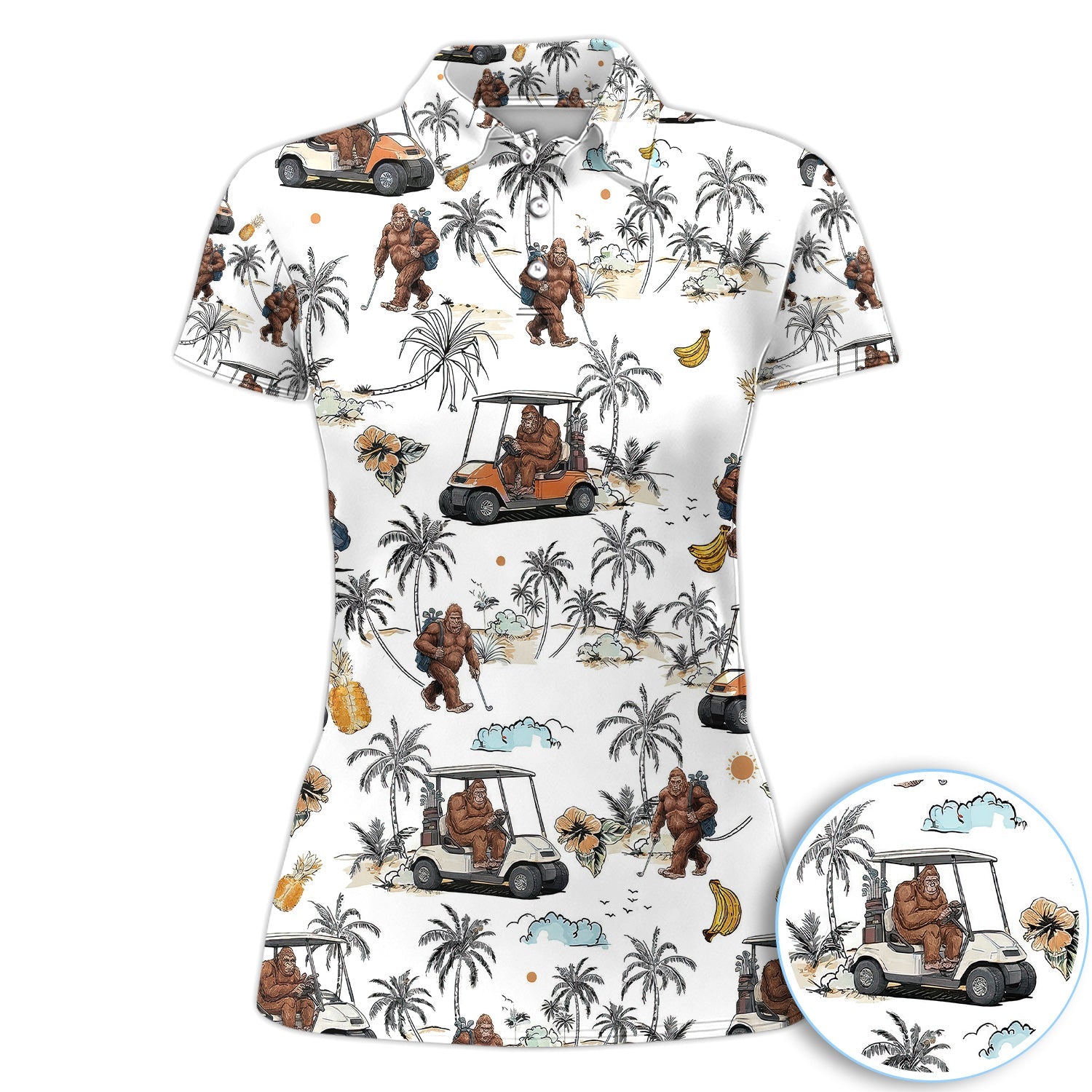 Funny Bigfoot Golf Cart Tropical Pattern Golf Shirt, Sasquatch Golfer Palm Golf Shirt For Men, Golfer Gift