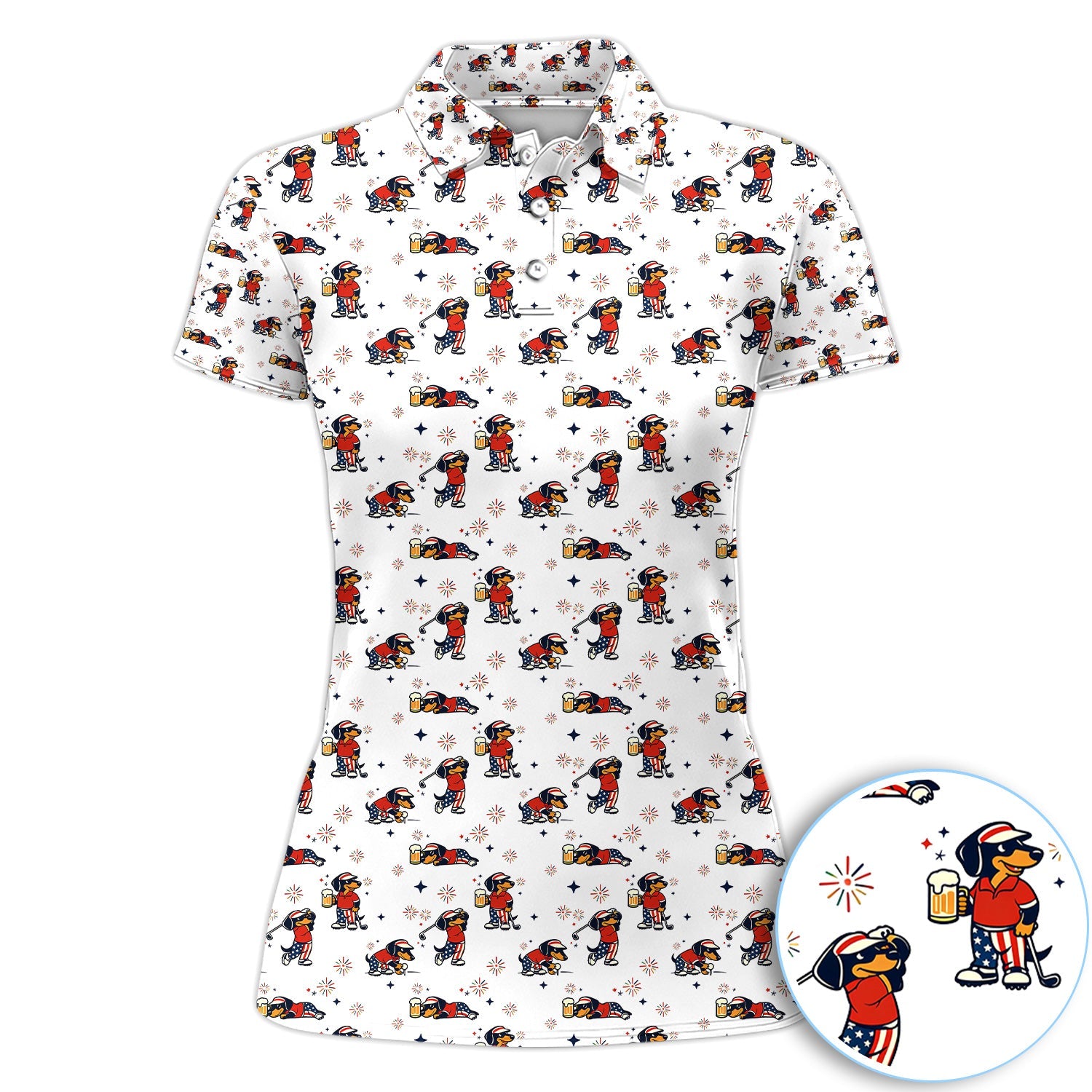 Funny Patriotic Golf Dog Polo Shirt, USA Dachshund Beer & Fireworks Pattern Shirt, 4th of July Golfer Gift For Women