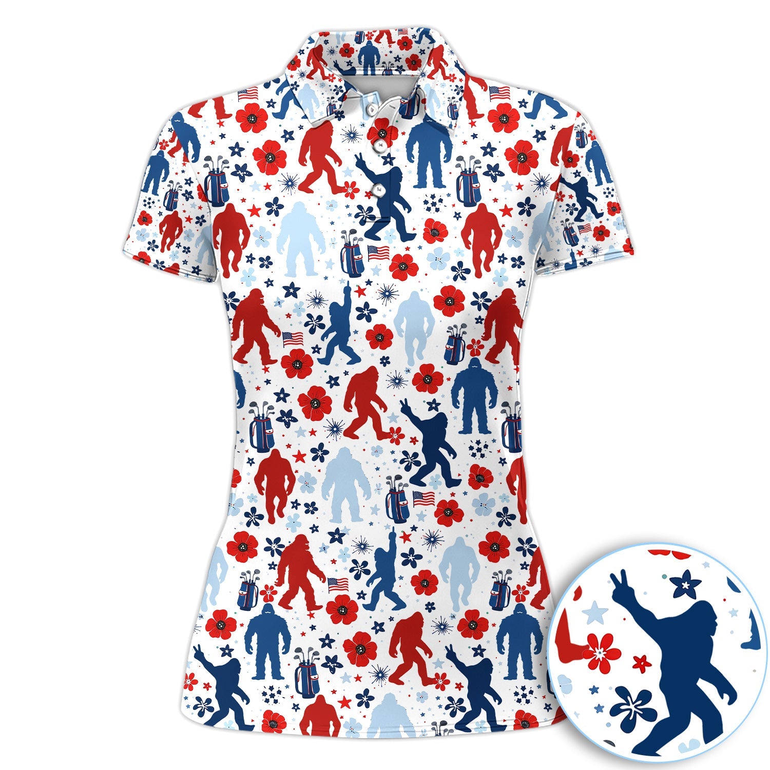 Patriotic Bigfoot Golf Polo Shirt For Men, USA Flag Red Blue White Sasquatch Pattern Golf Shirt