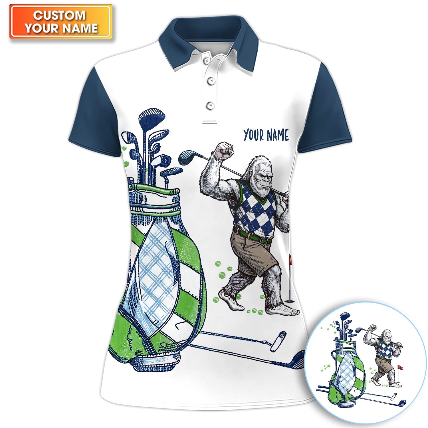 Custom Name Gorilla Golf Polo Shirt, Funny Bigfoot Golfer Shirt Pattern For Men, Unique Sasquatch Golf Outfit