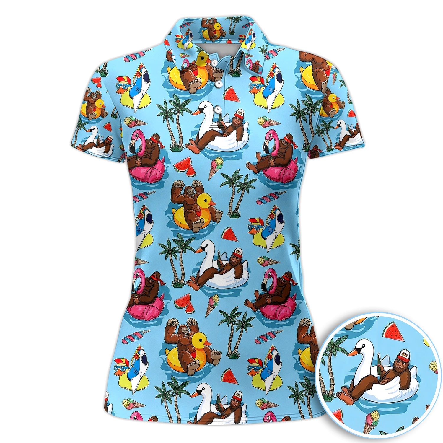 Bigfoot Pool Party Tropical Pattern Golf Shirt, Sasquatch Float Summer Golf Shirt For Men, Golfer Gift