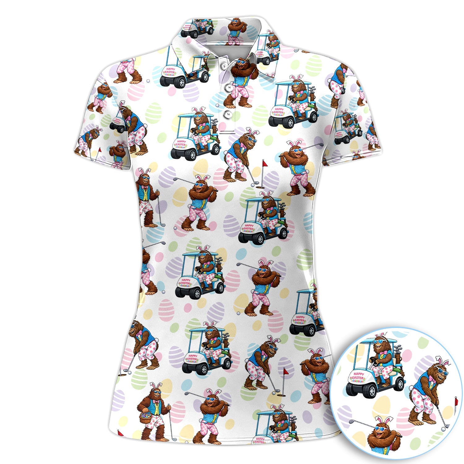 Funny Easter Bigfoot Golf Polo Shirt, Bunny Sasquatch Golfer Shirt, Unique Golf Gift for Men