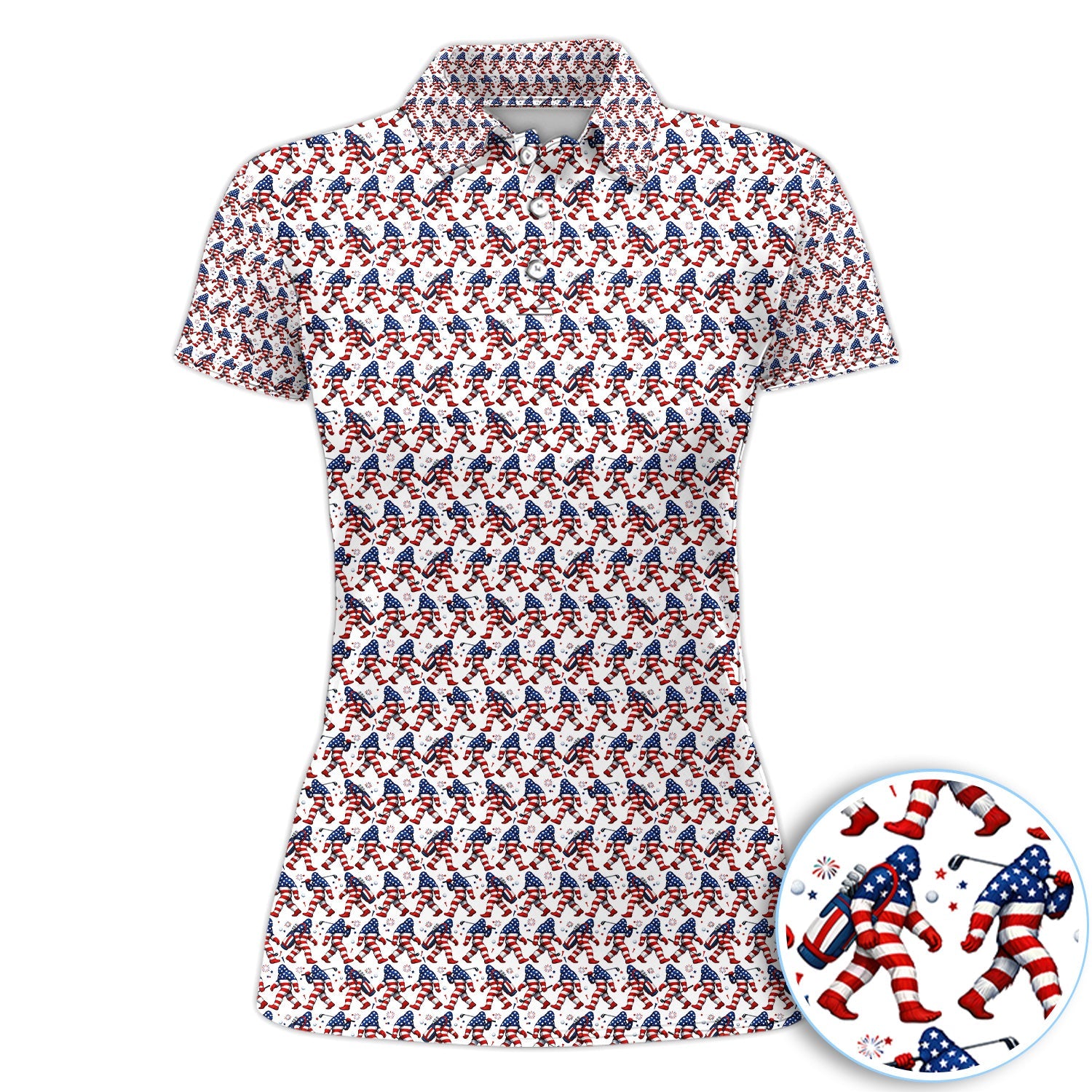 Patriotic Bigfoot Golf Pattern Shirt, American Flag Sasquatch Golf Shirt For Men, 4th Of July Gift