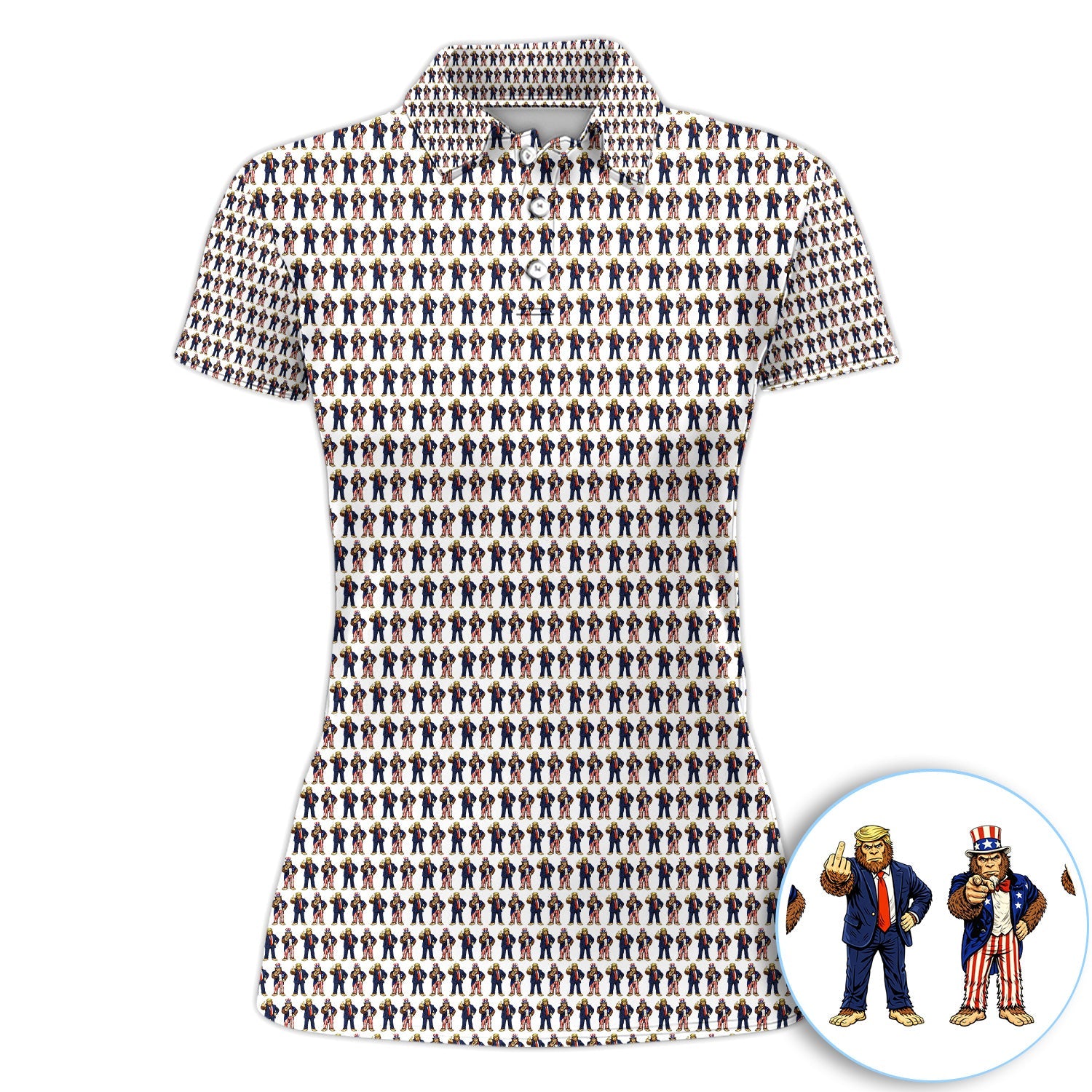 Funny Patriotic Bigfoot Polo Shirt, Trump & Uncle Sam Sasquatch Pattern Shirt, 4th of July Golf Gift For Men