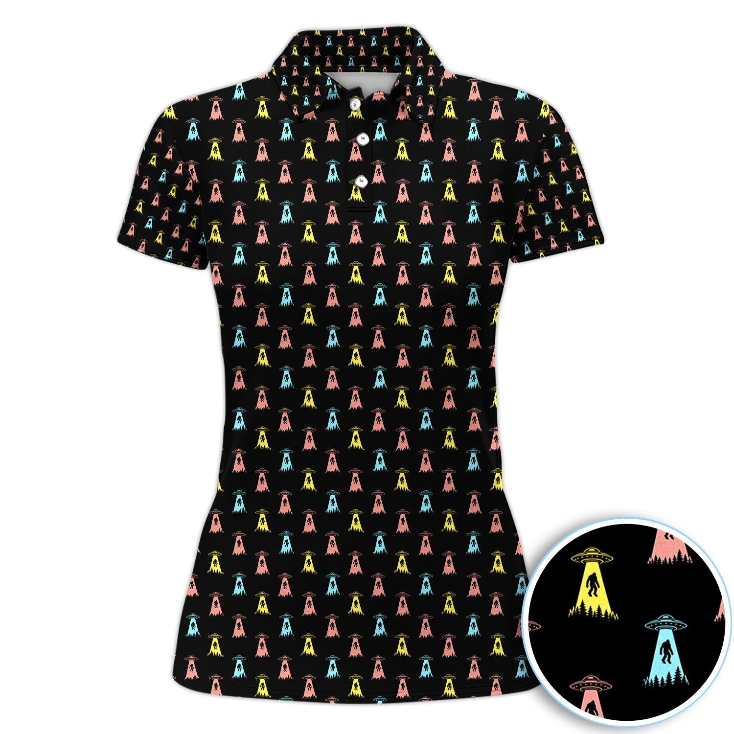 Funny UFO Bigfoot Abduction Pattern Shirt, Alien Sasquatch Golf Polo Shirt For Men, Sci Fi Golf Gift