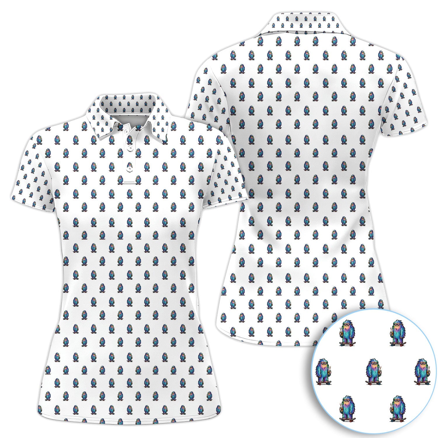 Funny Yeti Pattern Golf Polos, Bigfoot Coffee Skateboard Golf Shirt, Crazy Golf Shirts For Men