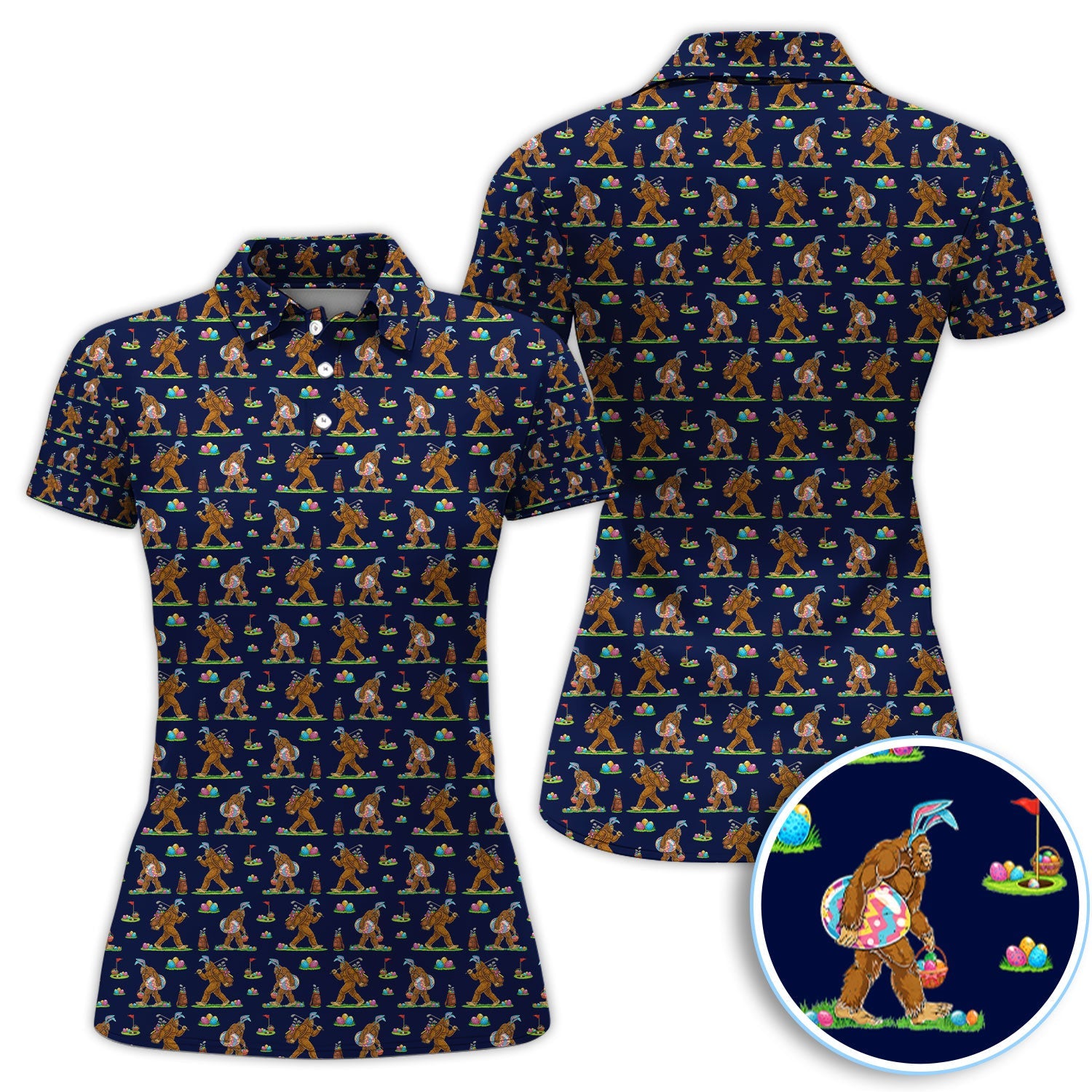 Bigfoot Easter Pattern Golf Polos, Bunny Sasquatch Golf Shirt For Men, Easter Day Shirt For Golfer