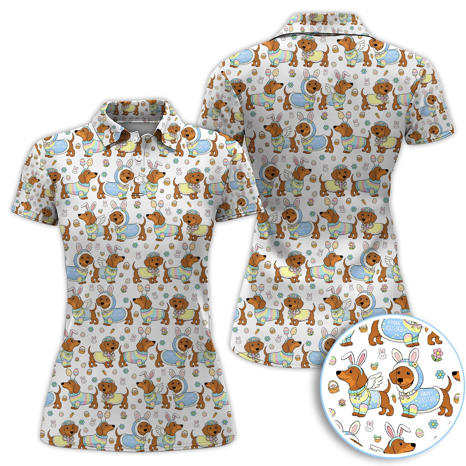 Dachshund Happy Easter Golf Polos, Easter Wiener Dog Pattern Golf Shirt, Golf Gift For Women