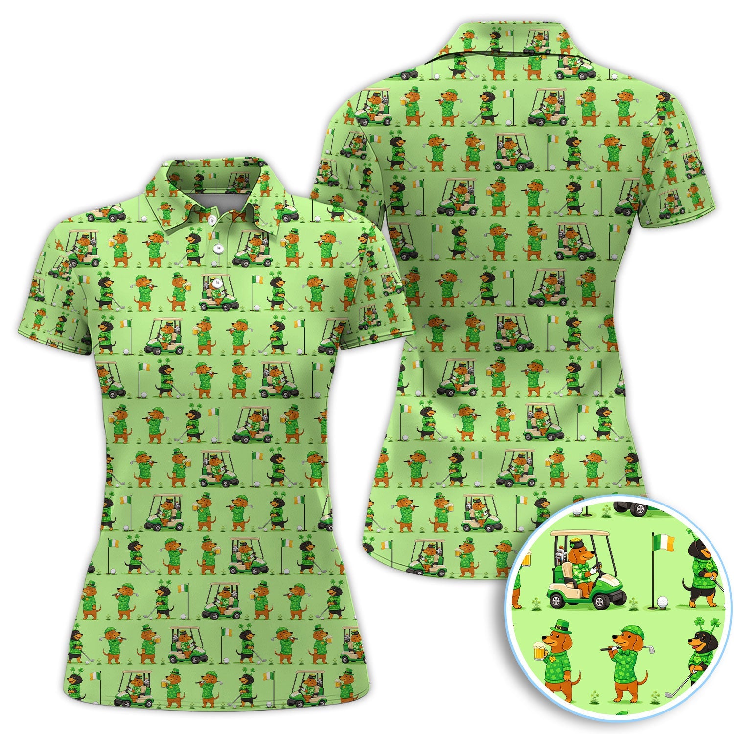 St. Patrick’s Day Dachshund Pattern Golf Polos, Funny Irish Wiener Dog Golf Shirt For Men, Golf Gift For Golfer
