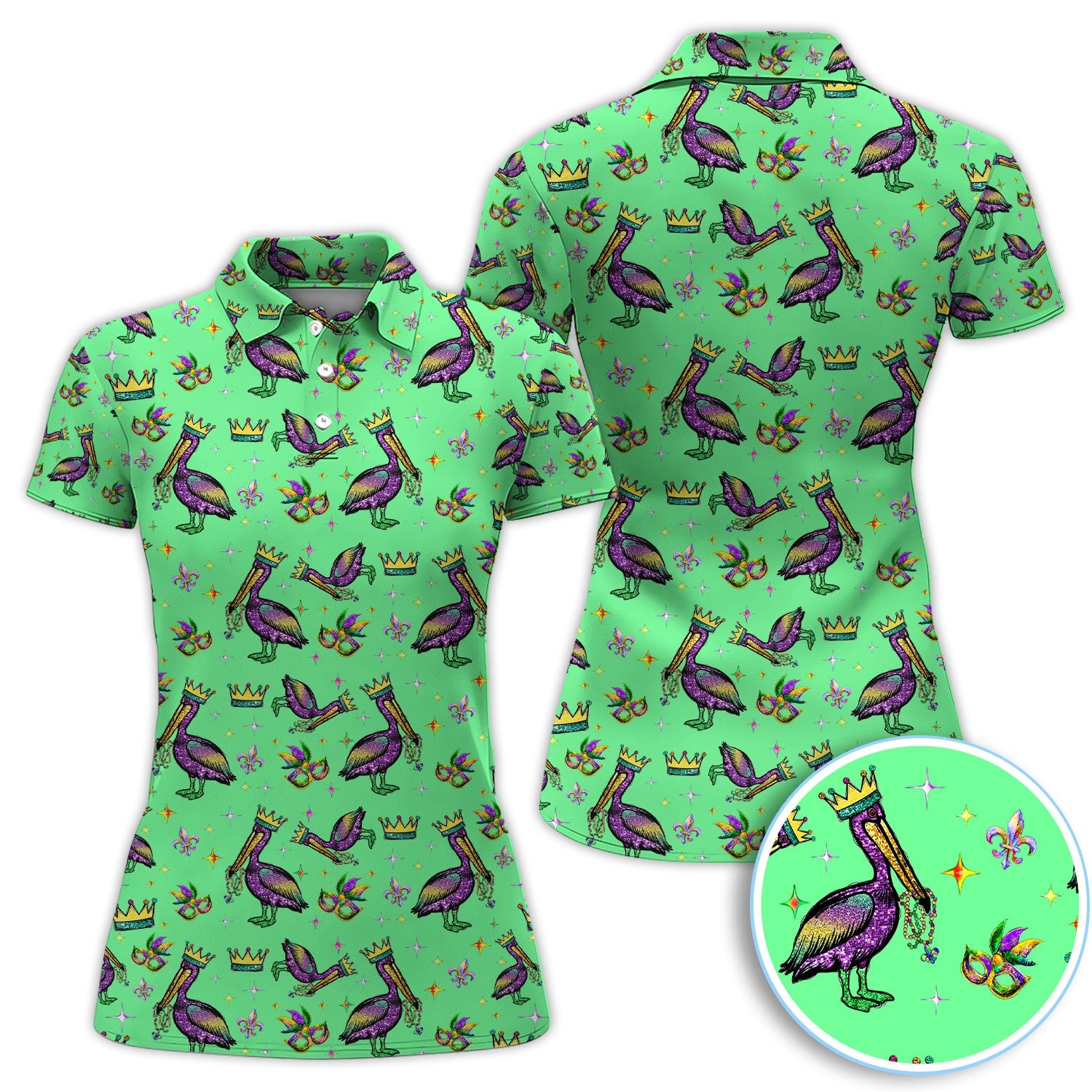 Mardi Gras Pelican Pattern Golf Polos, Funny Pelican Golf Shirt For Men, Crazy Golf Gift For Golfer