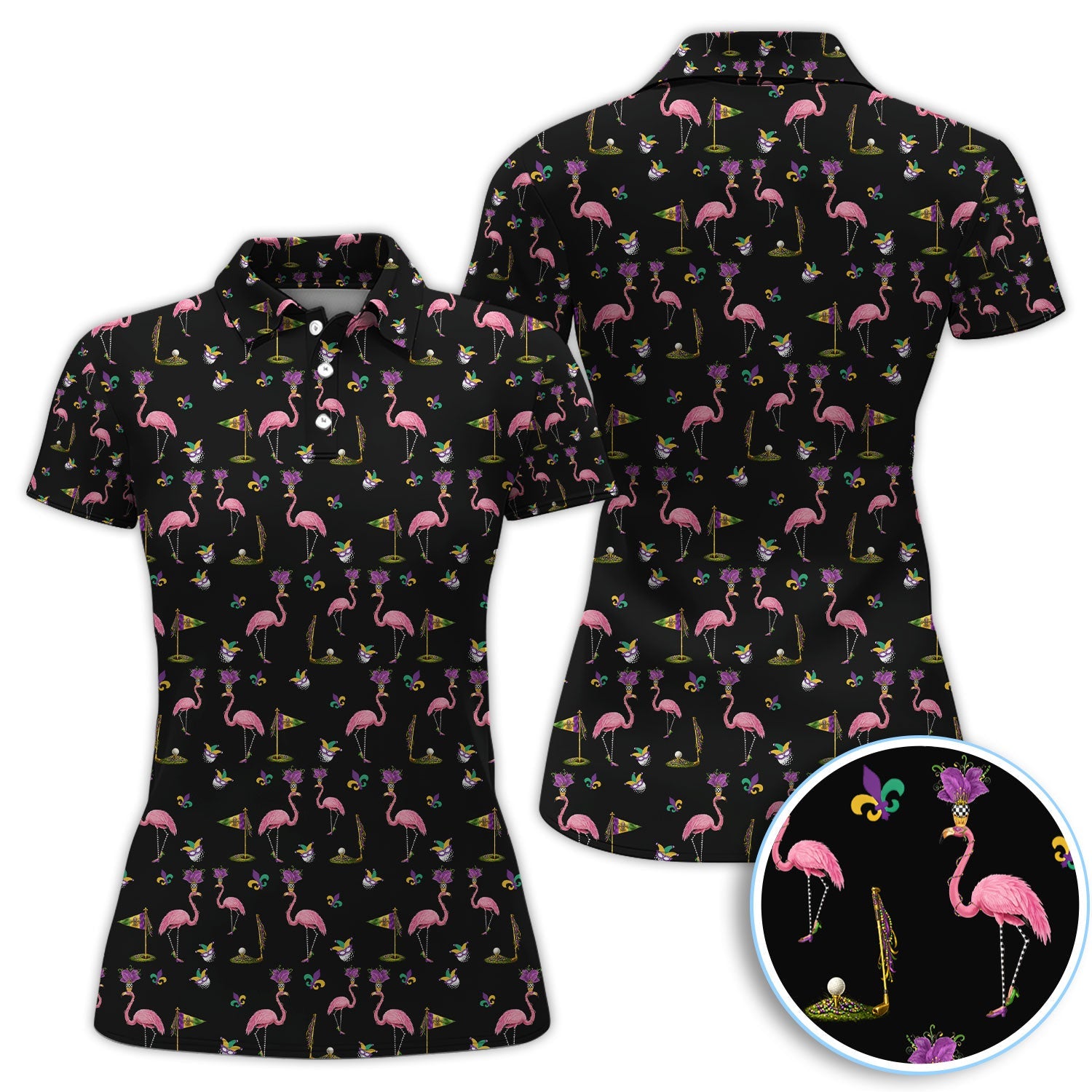 Flamingo Mardi Gras Golf Polos For Golfer, Funny Holiday Pattern Golf Shirt, Golf Gift For Men
