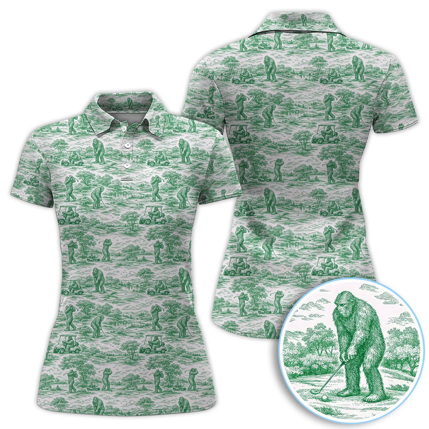 Crazy Bigfoot Pattern Golf Polos, Funny Sasquatch Golf Shirt For Men, Golf Gift For Golfer