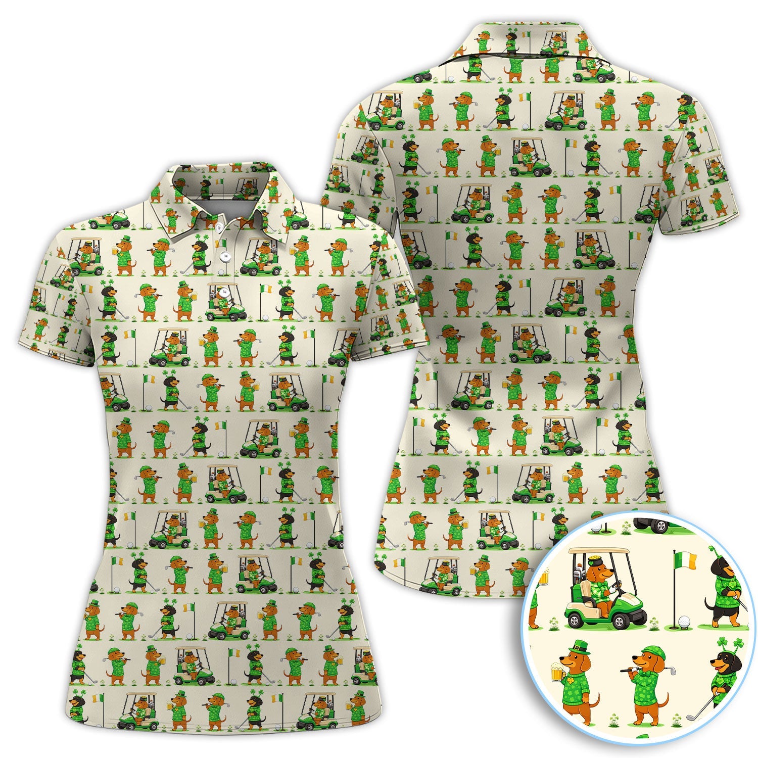 St. Patrick’s Day Dachshund Pattern Golf Polos, Funny Irish Wiener Dog Golf Shirt For Men, Golf Gift For Golfer