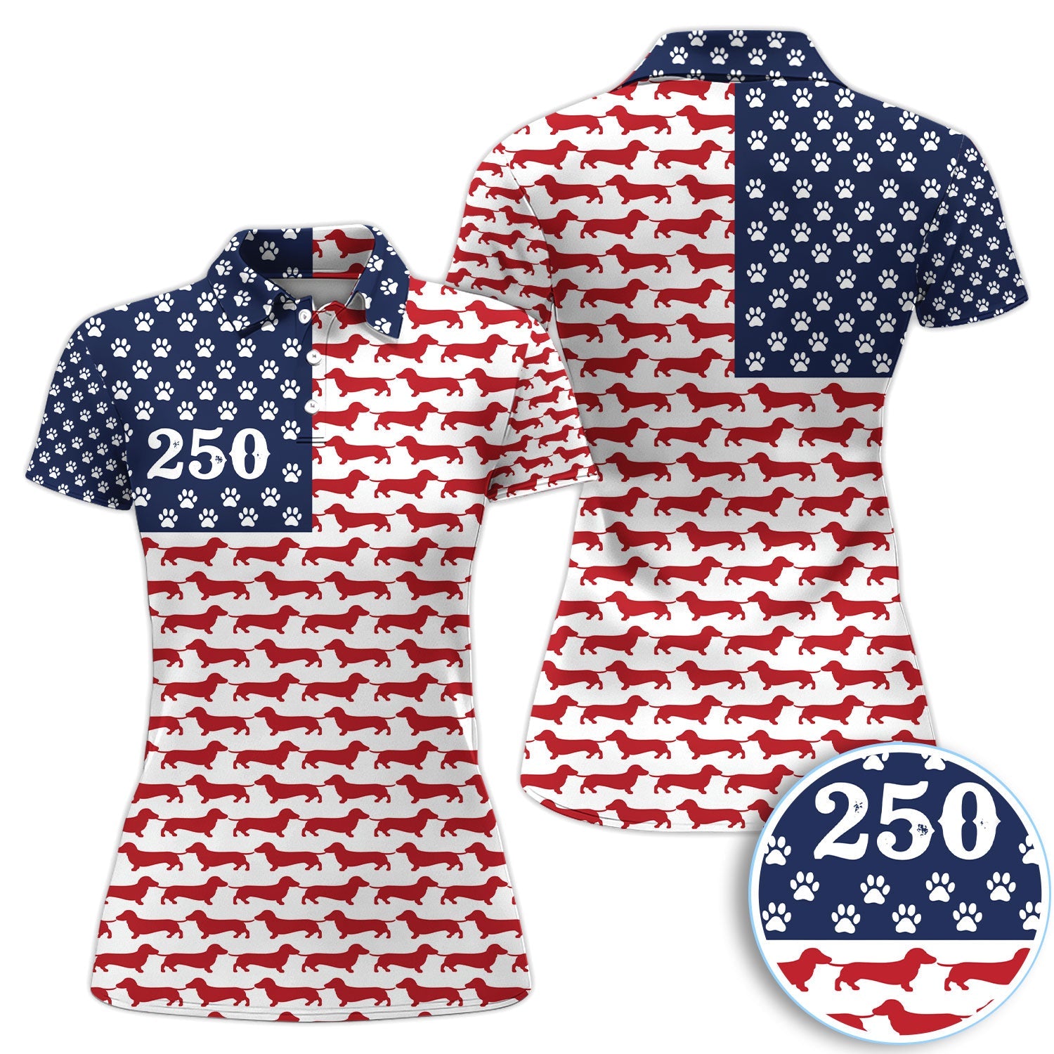 Dachshund USA Flag 250 Pattern Golf Polos, Crazy Dachshund Golf Shirt For Women, Funny Golf Shirt