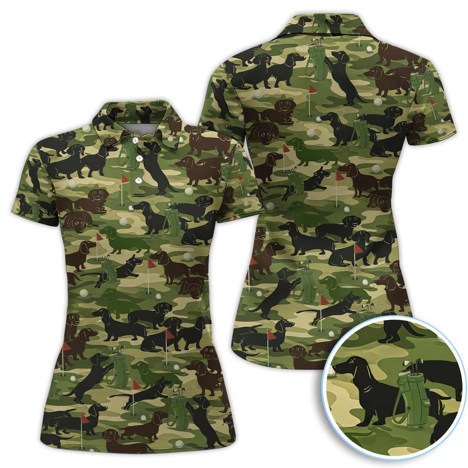 Dachshund Camo Pattern Golf Polos, Crazy Wiener Dog Golf Shirt, Funny Golf Gift For Golfer