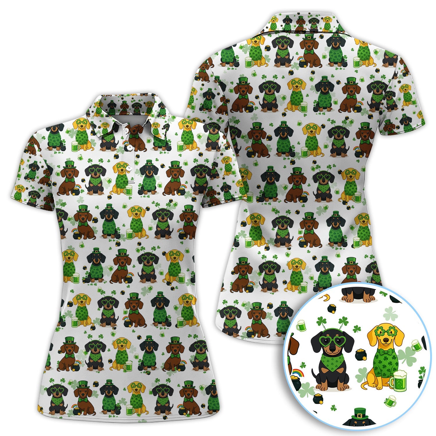 St. Patrick’s Day Dachshund Dog Pattern Golf Shirt, Funny Shamrock Dog Golf Polos For Men, Golf Gift For Golfer