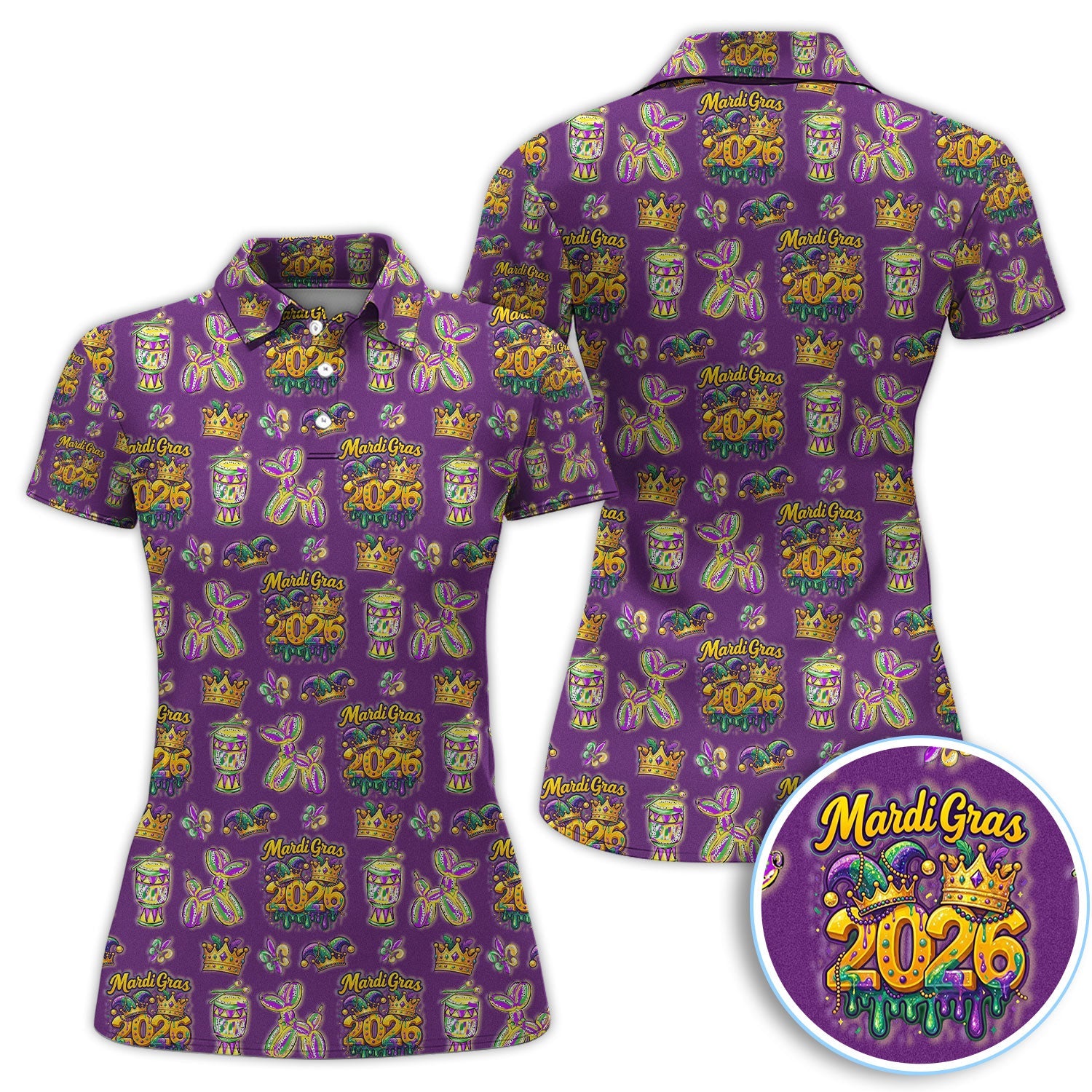 Mardi Gras 2026 Golf Polos For Golfer, Festive Crown Mask Pattern Golf Shirt, Golf Gift For Men
