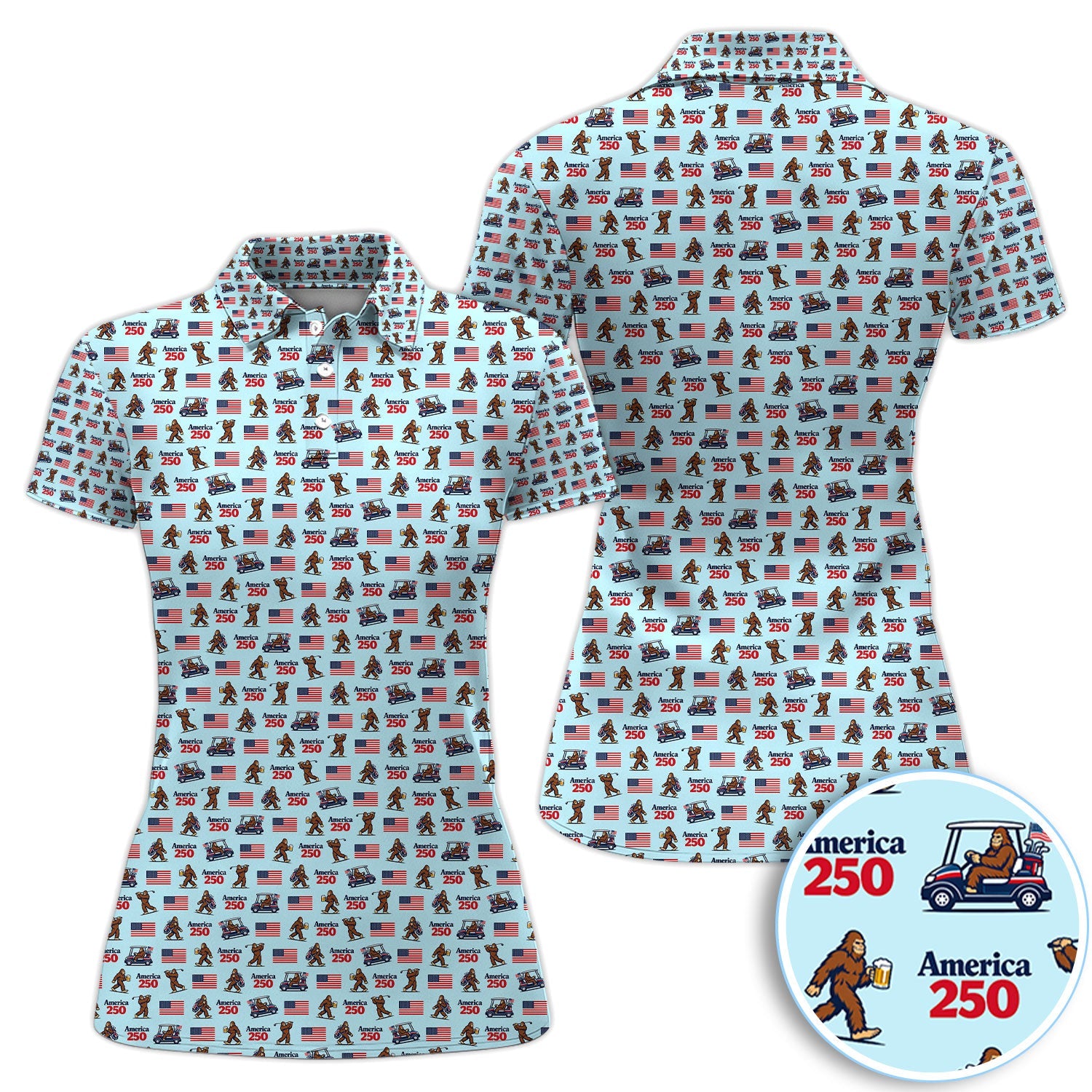 Bigfoot America 250 Pattern Golf Polos, Crazy Bigfoot Golf Shirt For Men, Funny Golf Shirt