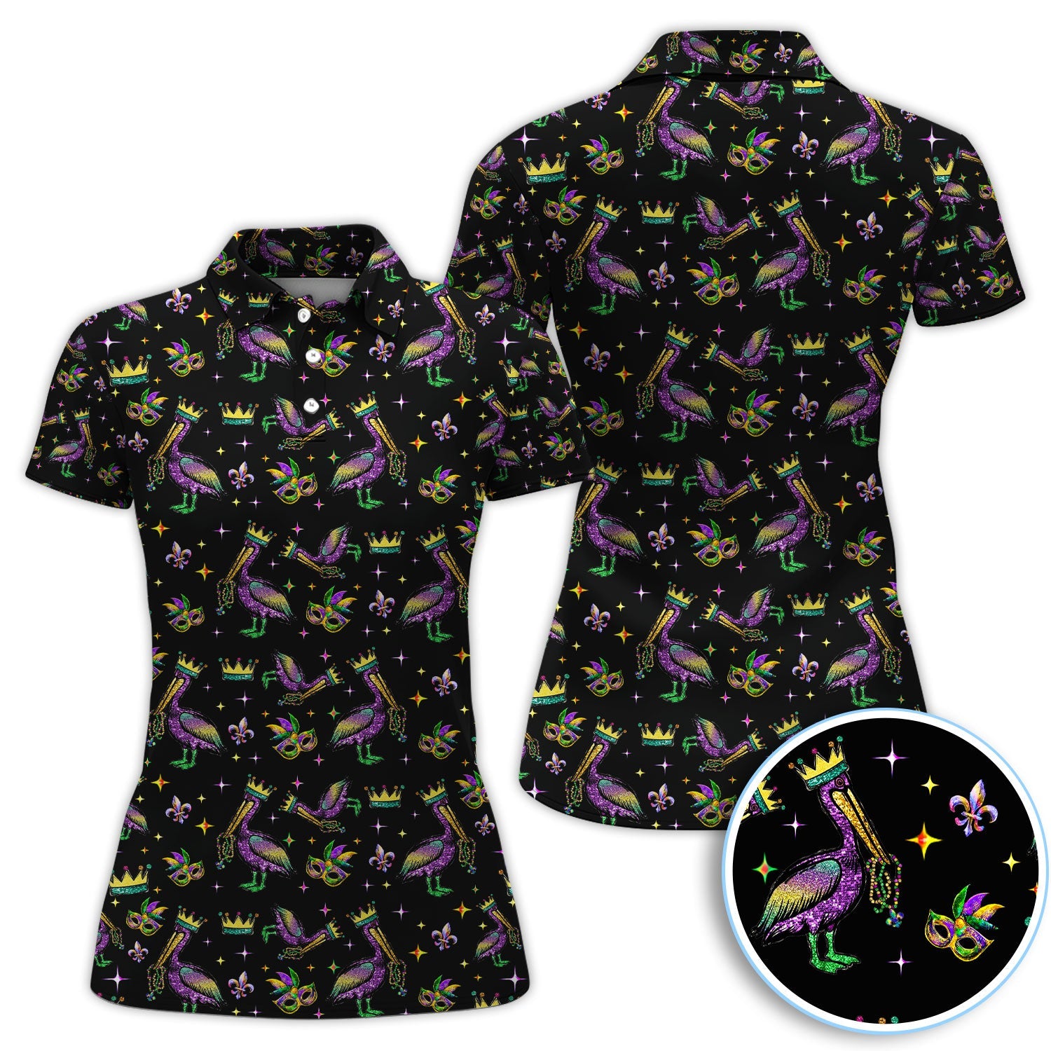Mardi Gras Pelican Pattern Golf Polos, Funny Pelican Golf Shirt For Men, Crazy Golf Gift For Golfer