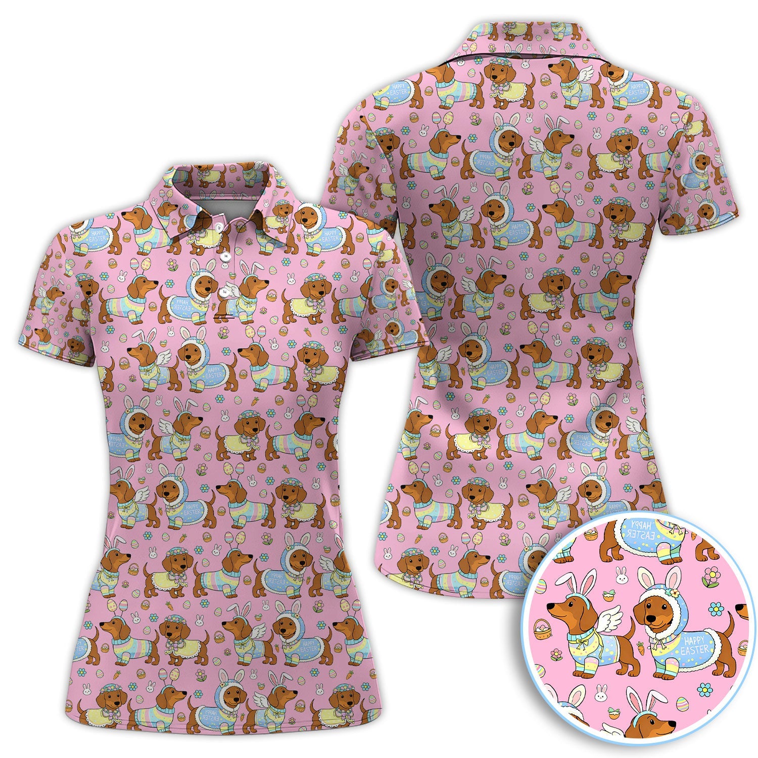 Dachshund Happy Easter Golf Polos, Easter Wiener Dog Pattern Golf Shirt, Golf Gift For Golfer