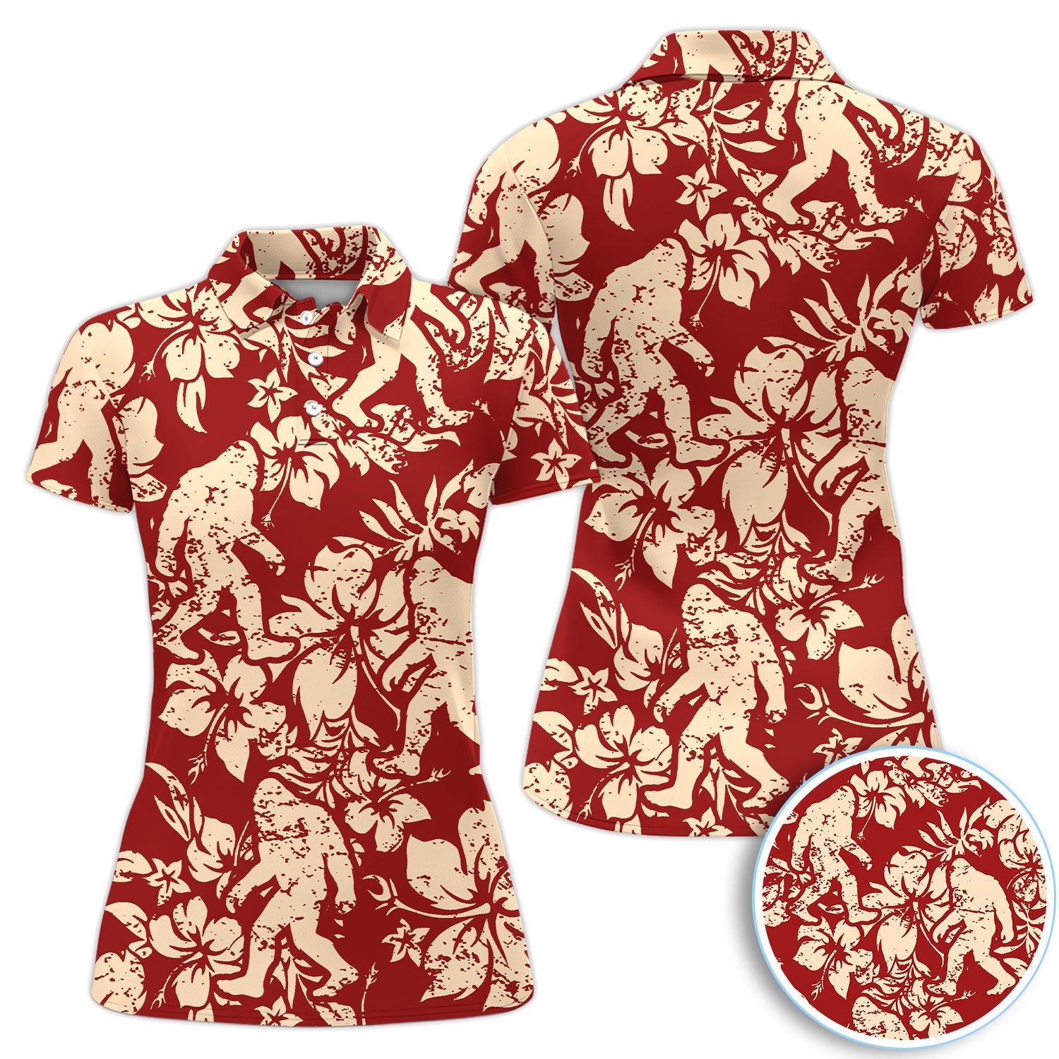 Red Bigfoot Hawaiian Polo Shirt For Men, Sasquatch Floral Aloha All Over Print, Tropical Casual Summer Golf Shirt