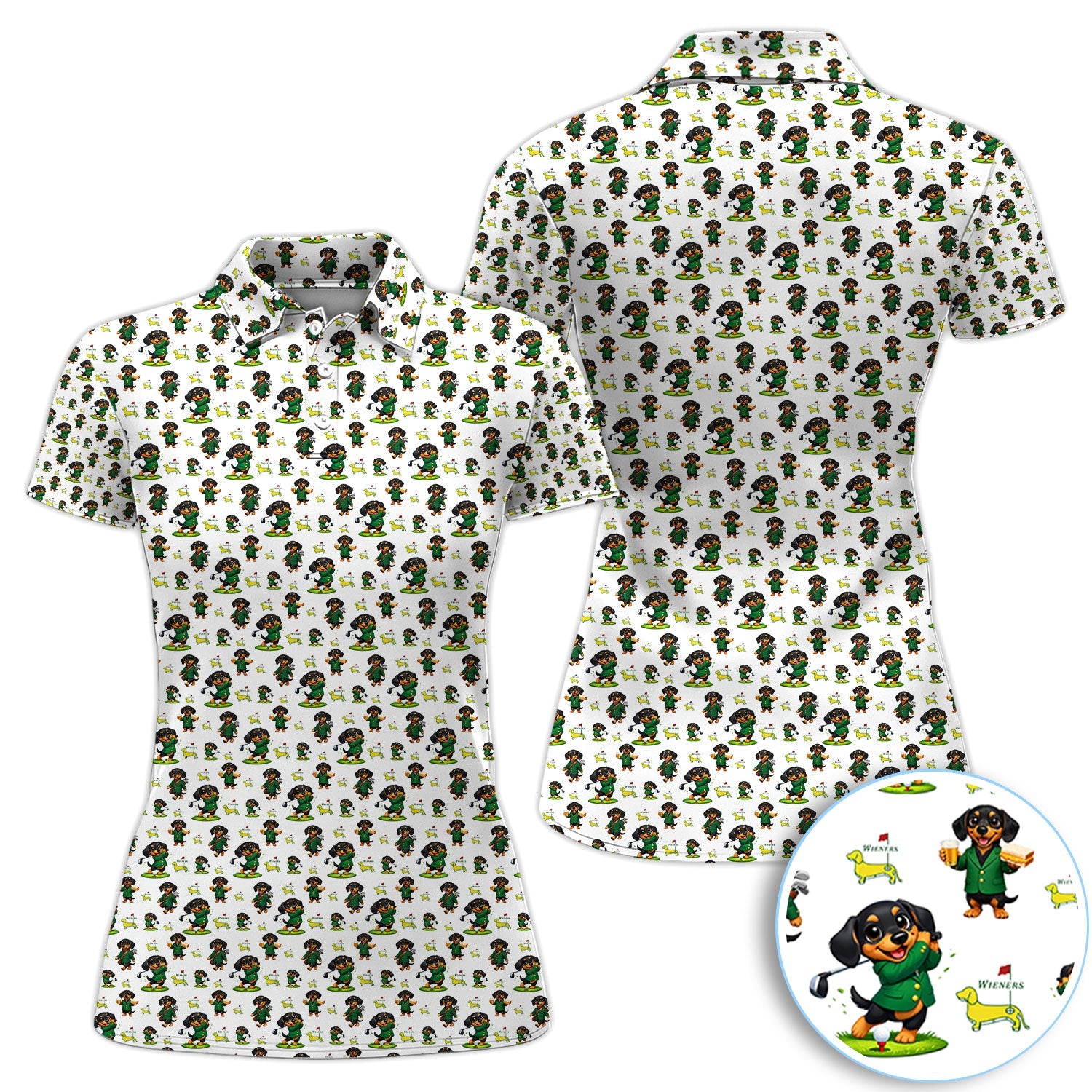 Funny Dachshund Golfing Golf Polos, Wiener Dog Pattern Golf Shirt For Women, Lucky Golf Vibes