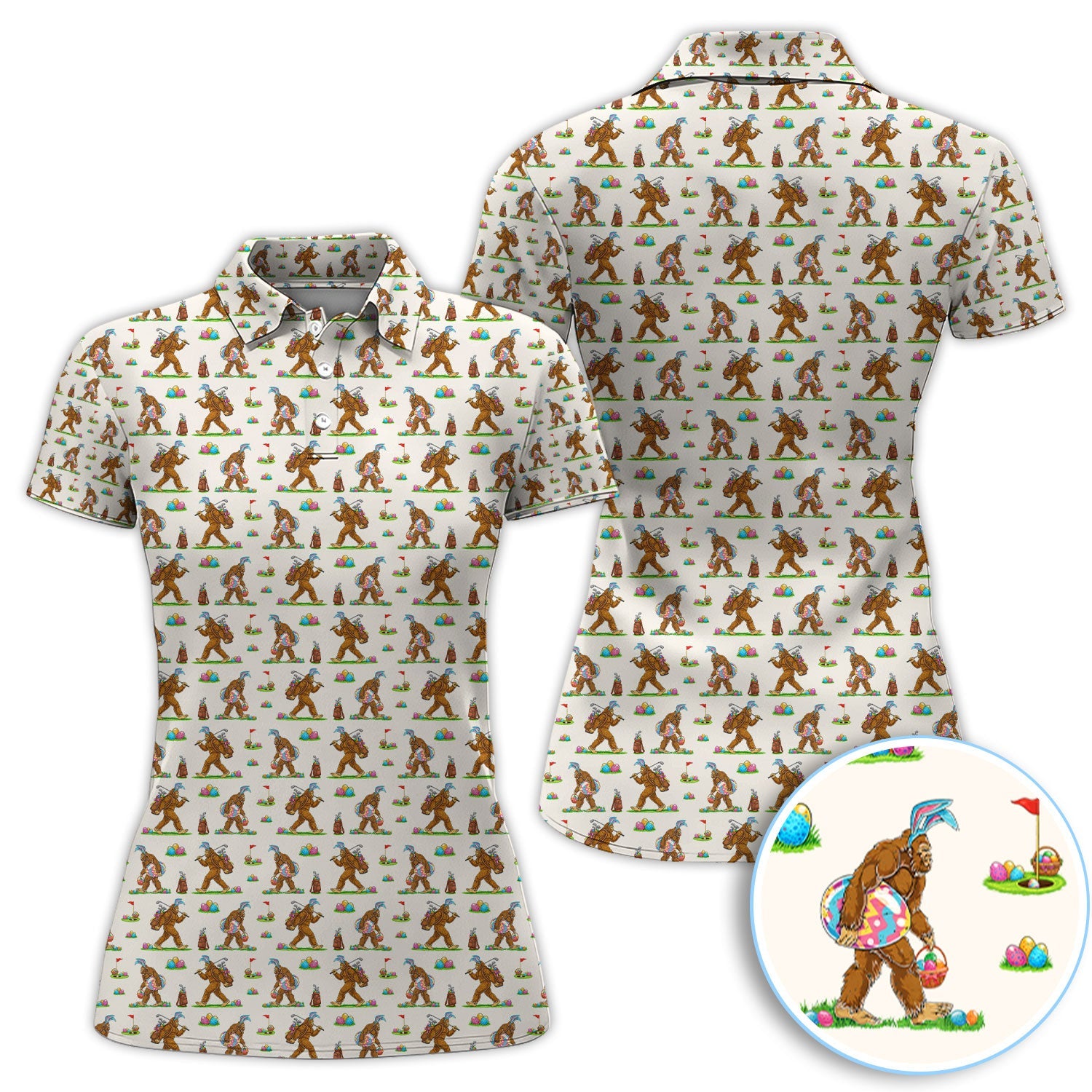 Bigfoot Easter Pattern Golf Polos, Bunny Sasquatch Golf Shirt For Men, Easter Day Shirt For Golfer