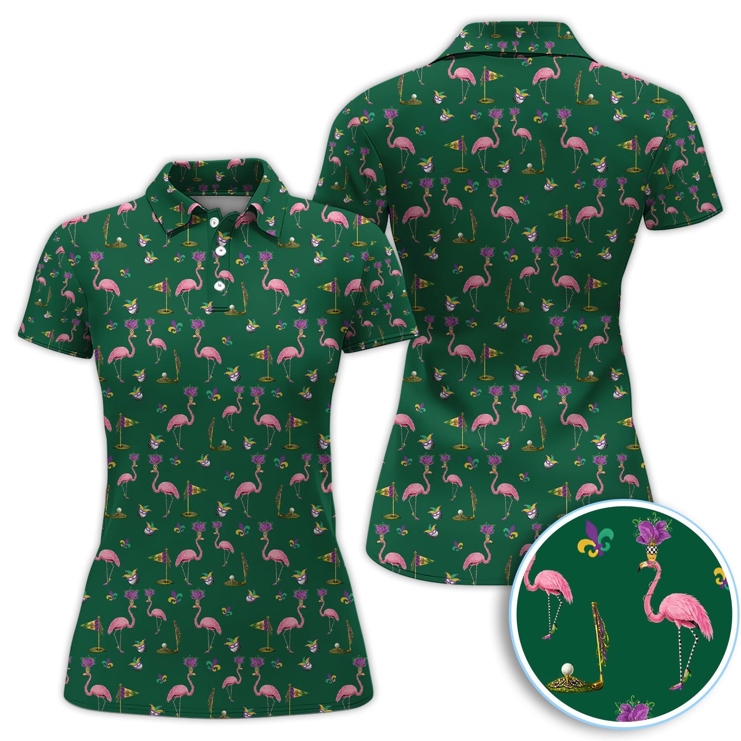 Flamingo Mardi Gras Golf Polos For Golfer, Funny Holiday Pattern Golf Shirt, Golf Gift For Men