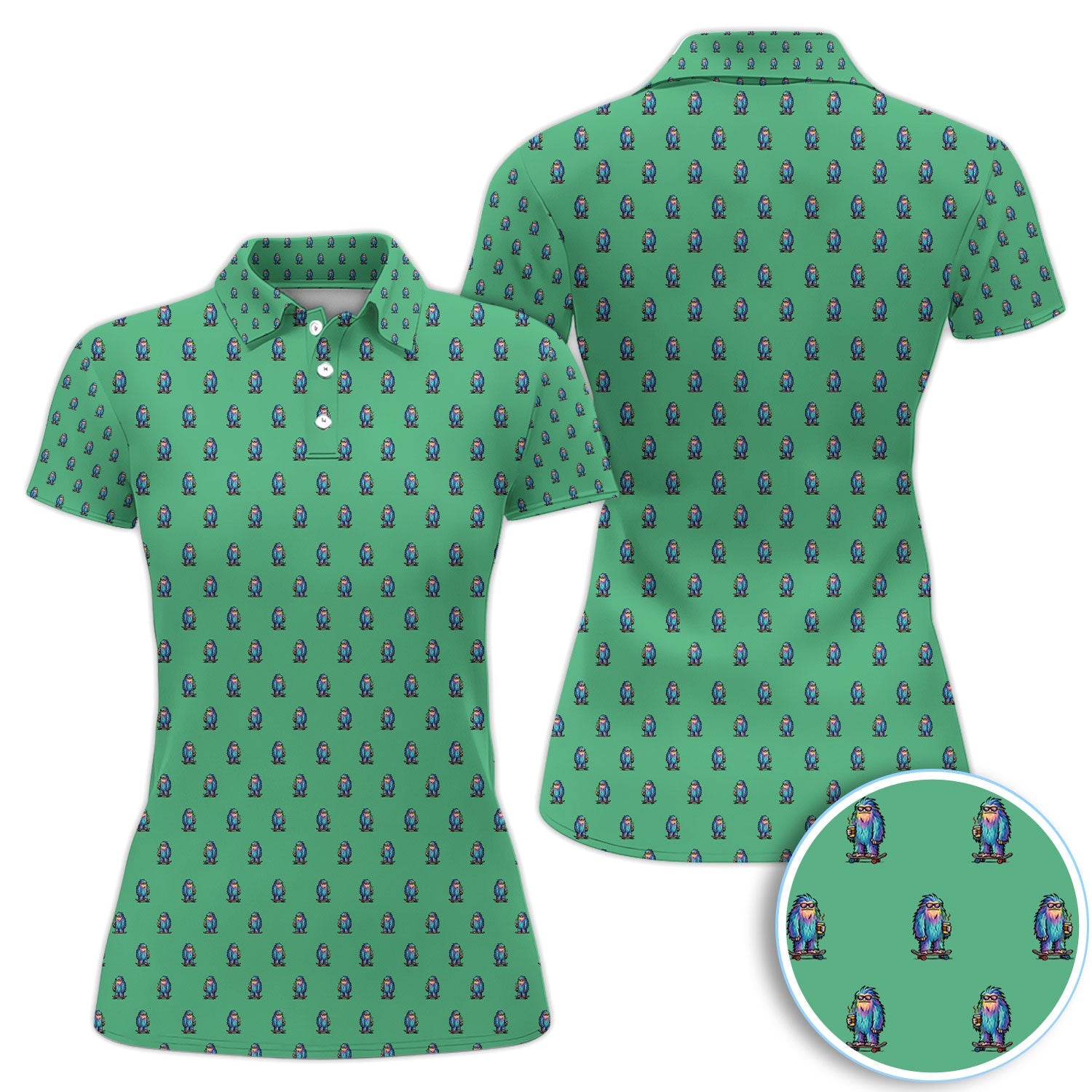 Funny Yeti Pattern Golf Polos, Bigfoot Coffee Skateboard Golf Shirt, Crazy Golf Shirts For Men