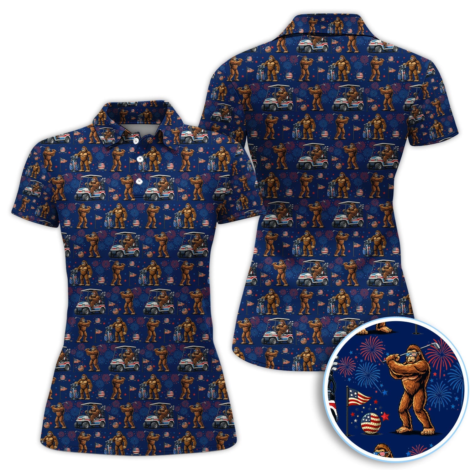 Funny Bigfoot Golf Polos For Golfer, Sasquatch Patriotic USA Pattern Golf Shirt, Golf Gift For Men
