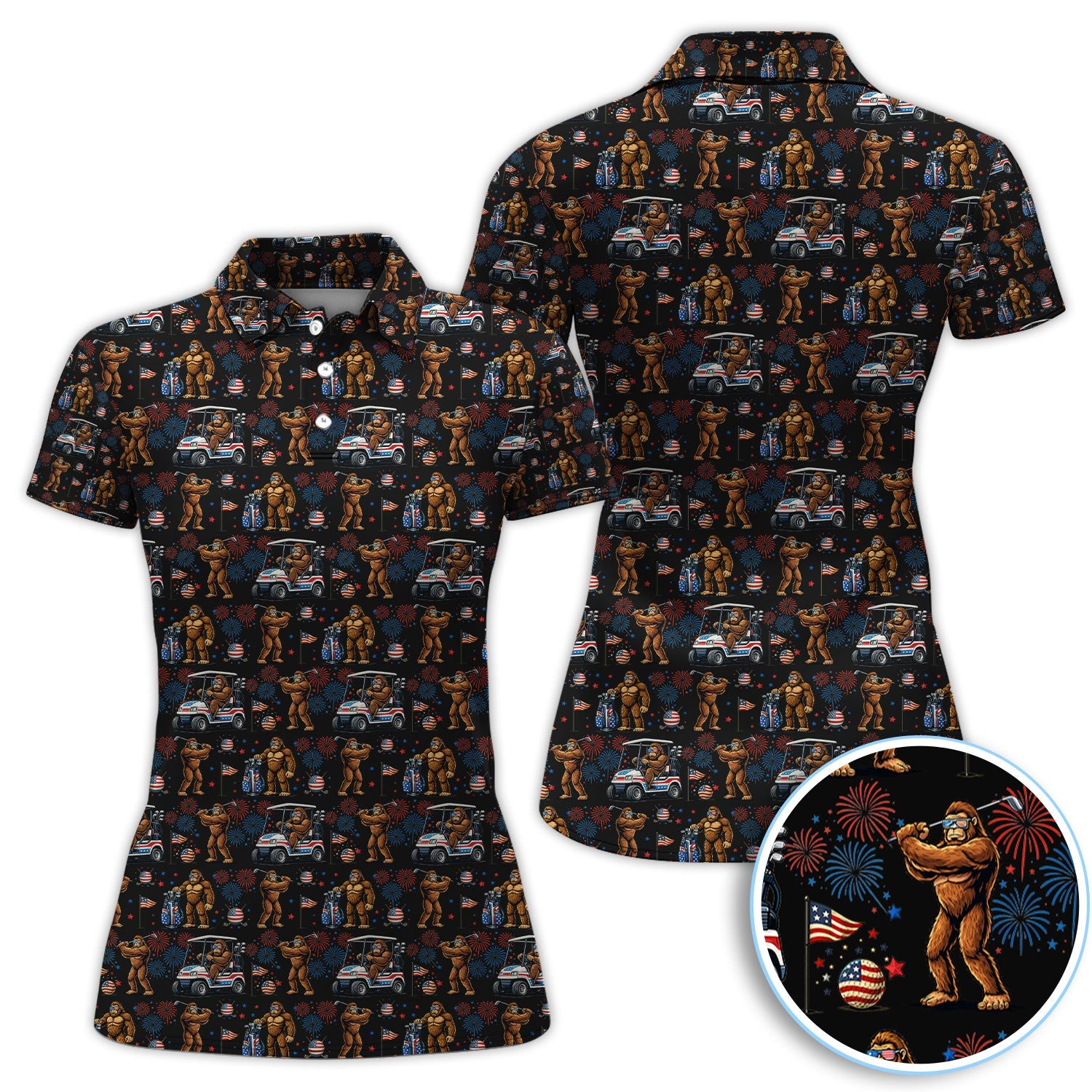 Funny Bigfoot Golf Polos For Golfer, Sasquatch Patriotic USA Pattern Golf Shirt, Golf Gift For Men