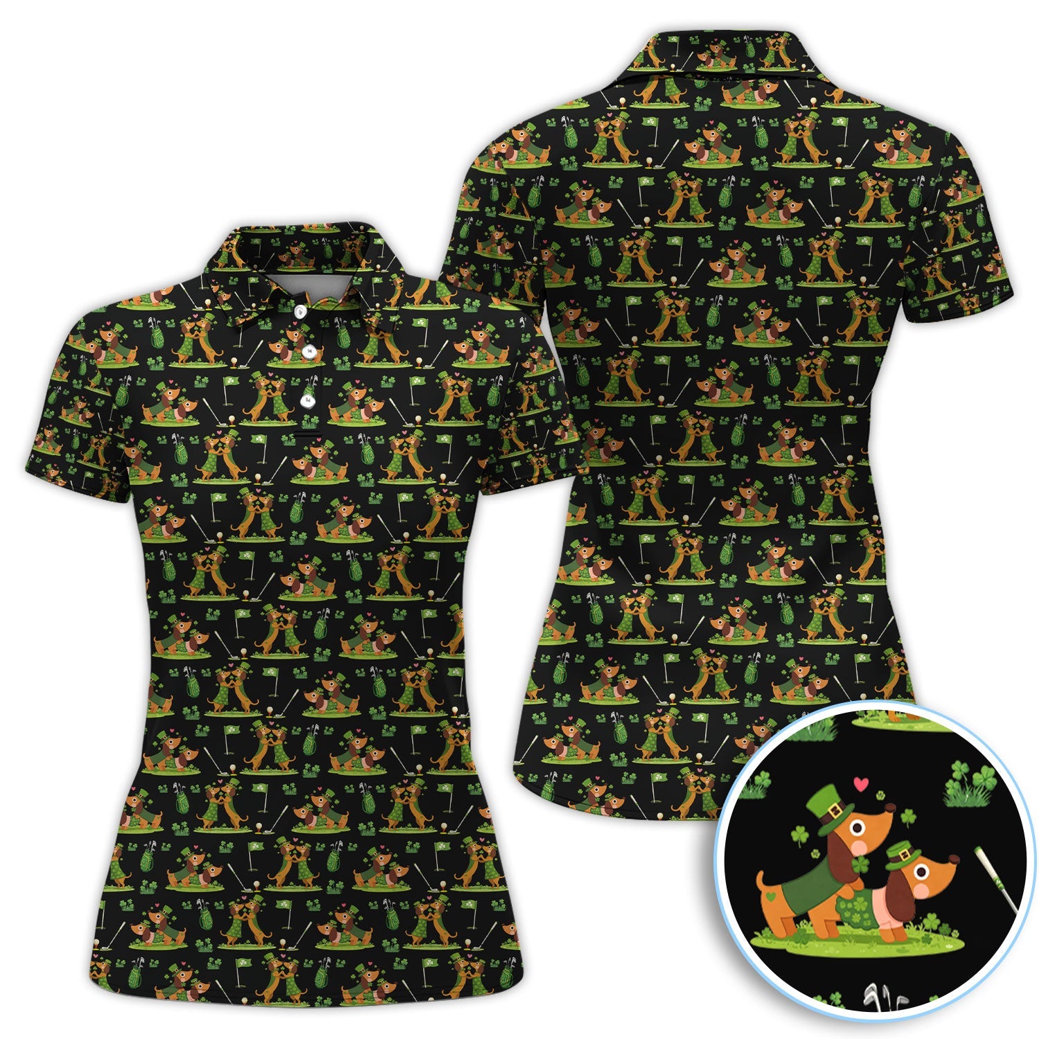 Cute Dachshund St Patrick Pattern Golf Shirt, Wiener Dog Golf Shirt, Golf Gift For Men