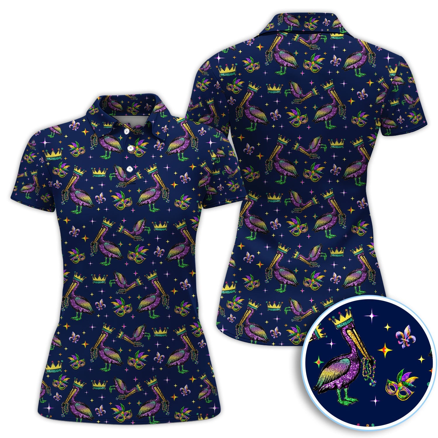 Mardi Gras Pelican Pattern Golf Polos, Funny Pelican Golf Shirt For Men, Crazy Golf Gift For Golfer