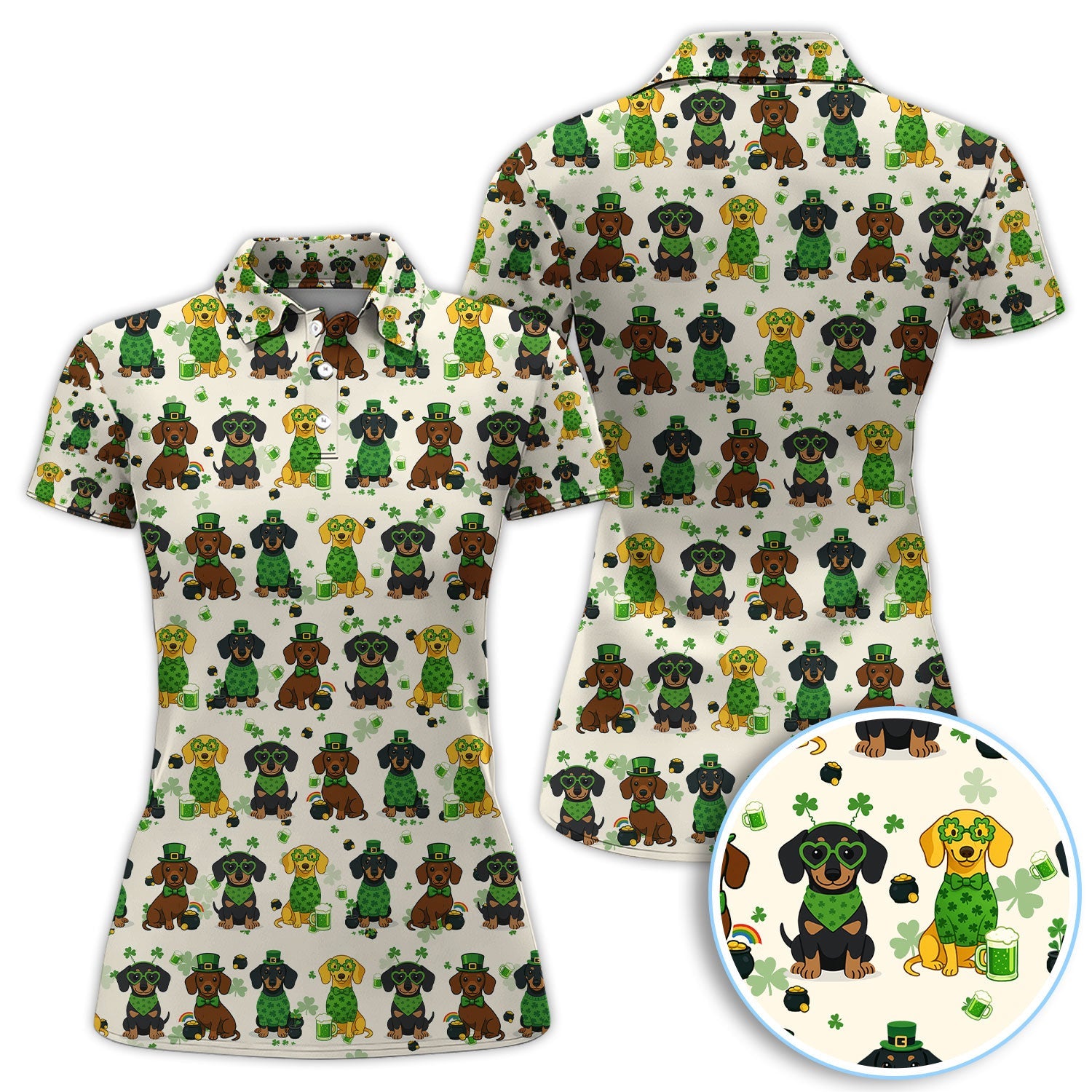St. Patrick’s Day Dachshund Dog Pattern Golf Shirt, Funny Shamrock Dog Golf Polos For Men, Golf Gift For Golfer