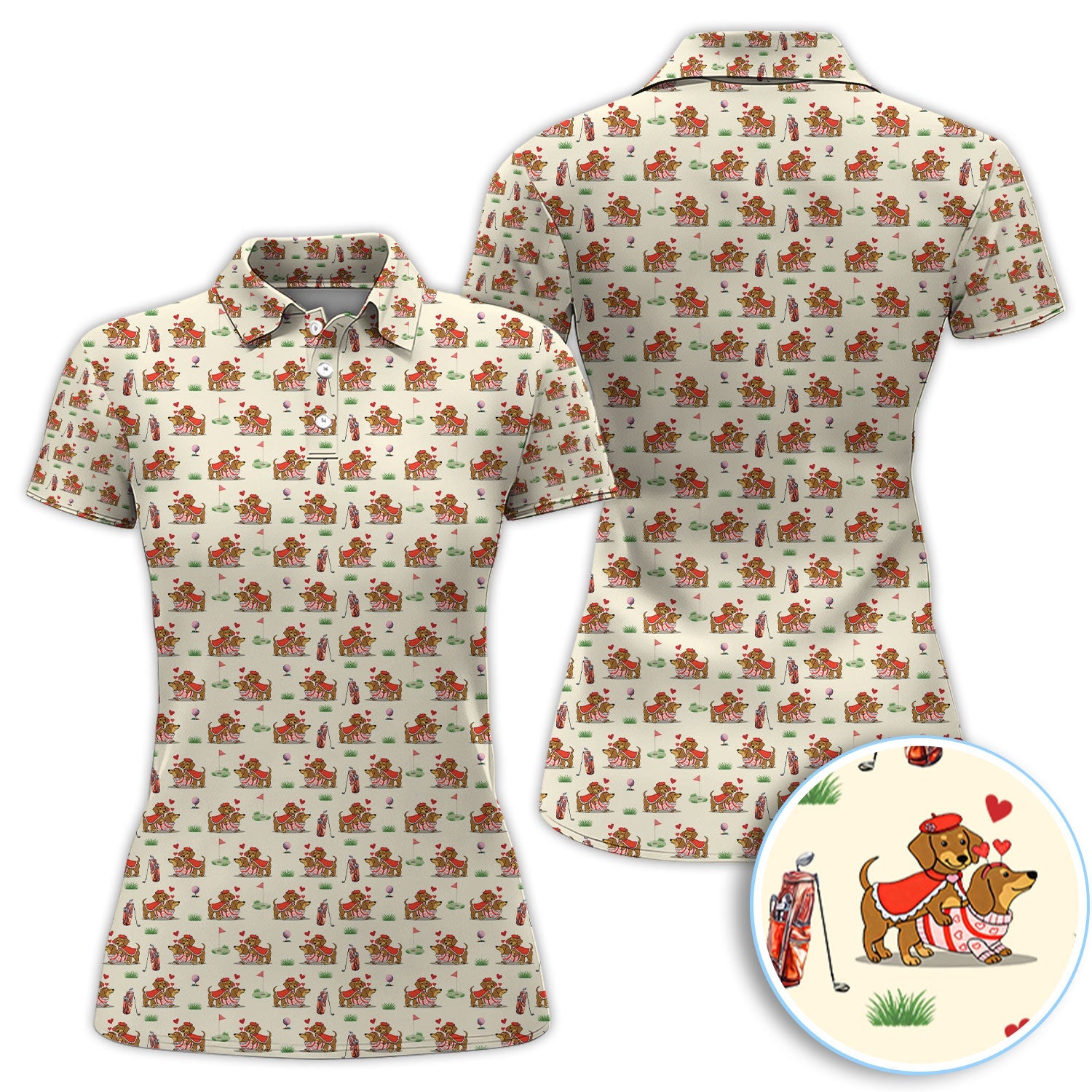 Valentine Dachshund Pattern Golf Shirt, Wiener Dog Love Golf Shirt, Golf Gift For Men