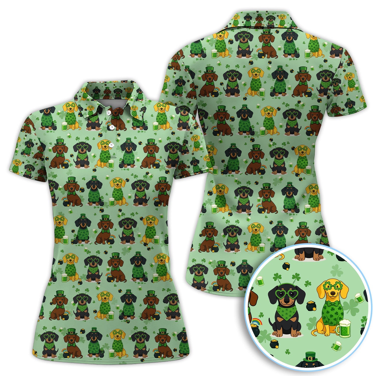 St. Patrick’s Day Dachshund Dog Pattern Golf Shirt, Funny Shamrock Dog Golf Polos For Men, Golf Gift For Golfer