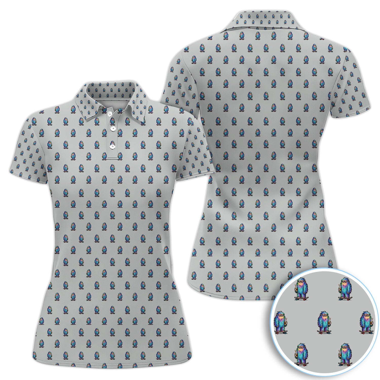 Funny Yeti Pattern Golf Polos, Bigfoot Coffee Skateboard Golf Shirt, Crazy Golf Shirts For Men