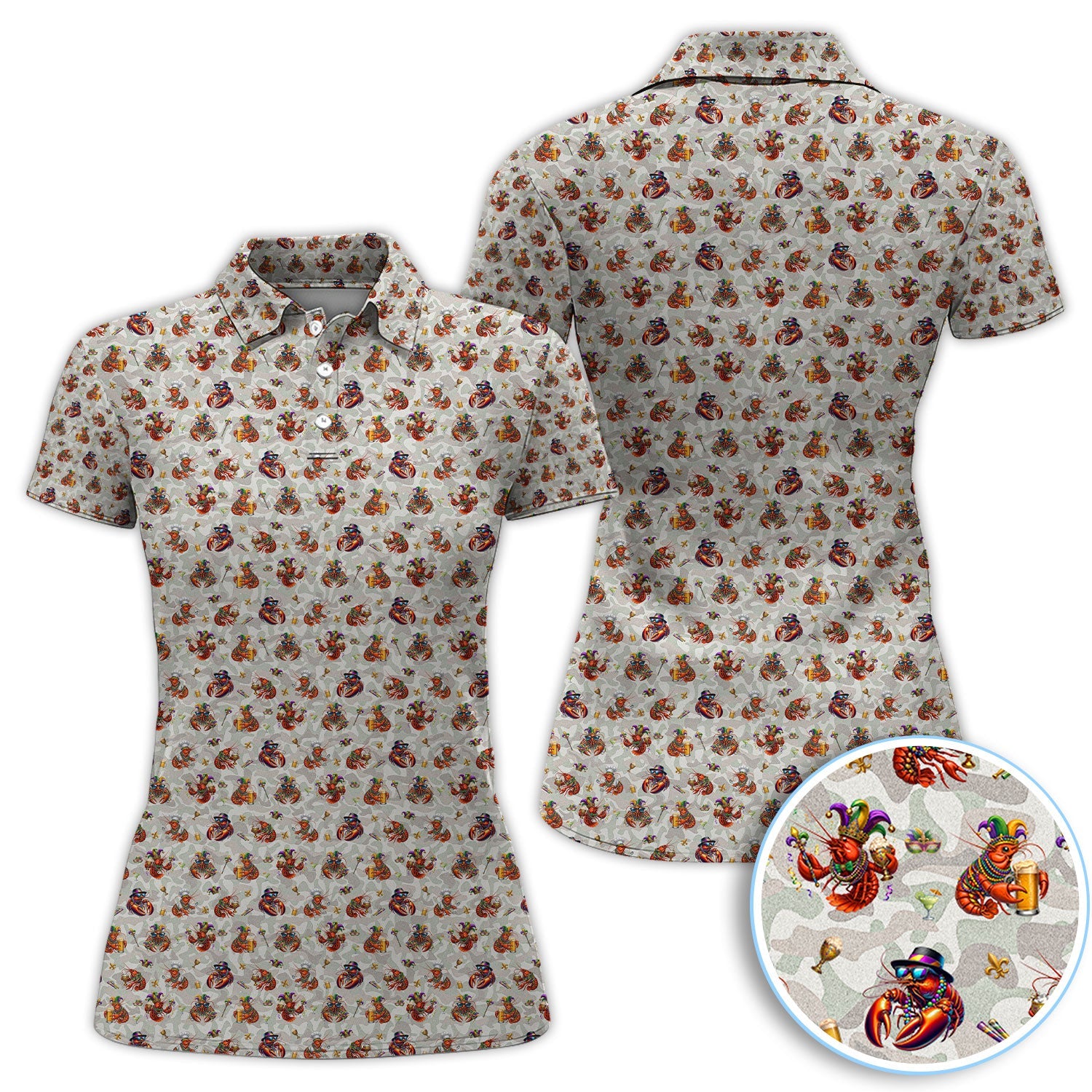 Funny Crawfish Mardi Gras Pattern Golf Shirt, Beer Crawdad Golf Polos For Golfer, Golf Gift For Men