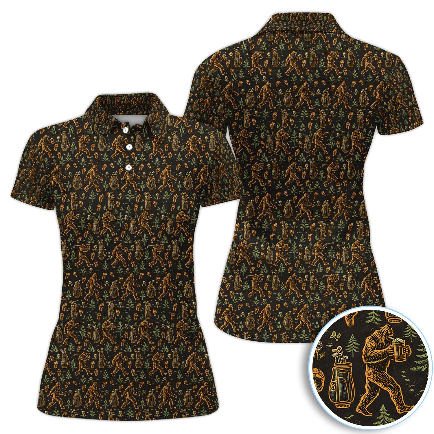 Bigfoot Beer Forest Pattern Golf Shirt, Sasquatch Drinking Golf Shirt For Men, Golfer Gift