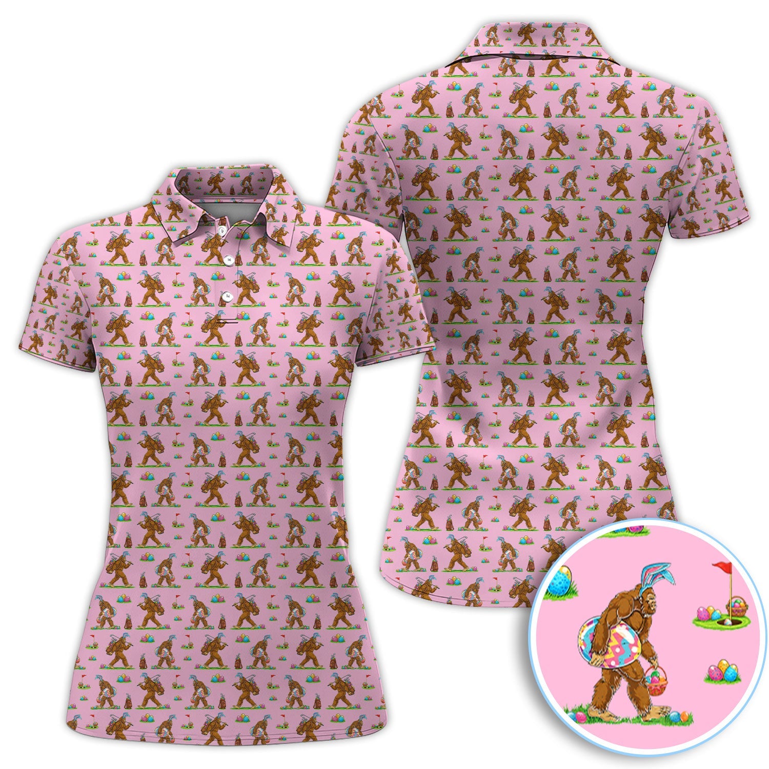Bigfoot Easter Pattern Golf Polos, Bunny Sasquatch Golf Shirt For Men, Easter Day Shirt For Golfer
