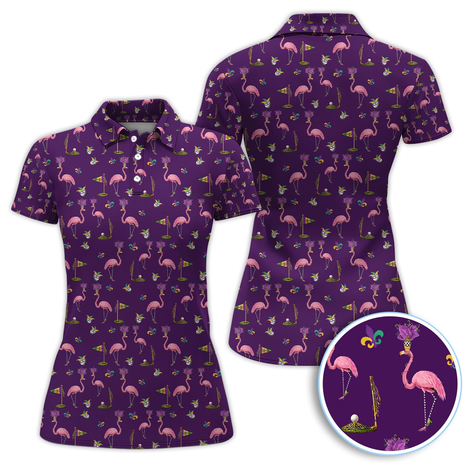 Flamingo Mardi Gras Golf Polos For Golfer, Funny Holiday Pattern Golf Shirt, Golf Gift For Men