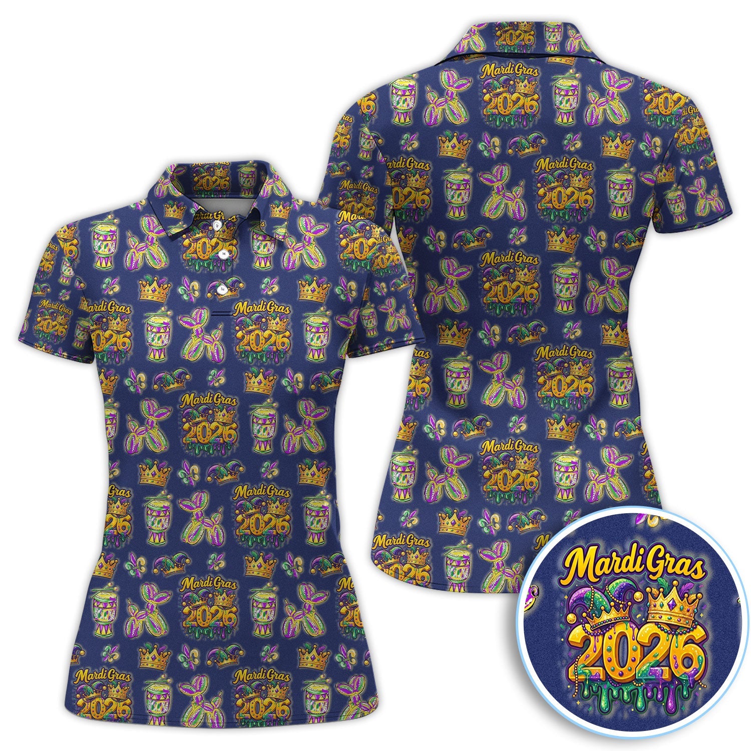 Mardi Gras 2026 Golf Polos For Golfer, Festive Crown Mask Pattern Golf Shirt, Golf Gift For Men