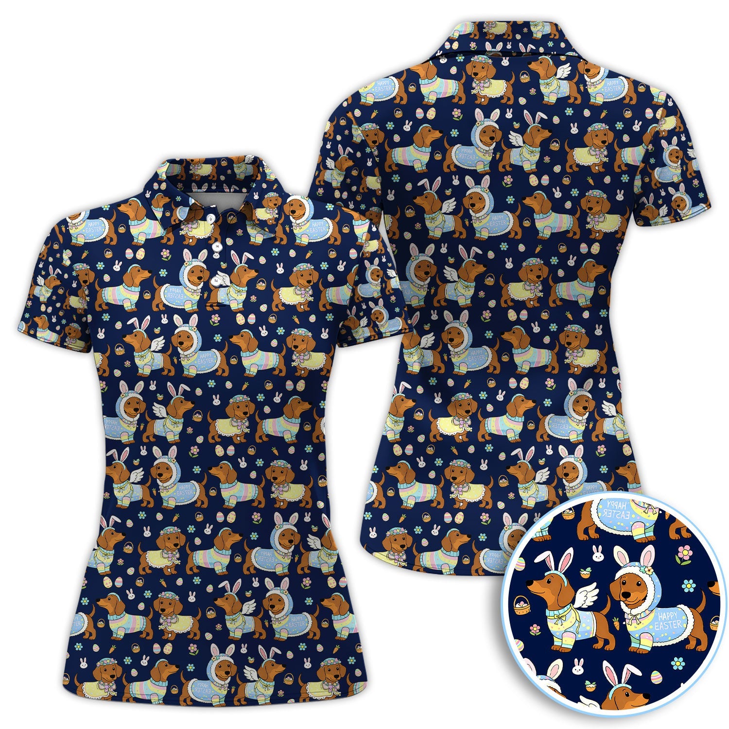 Dachshund Happy Easter Golf Polos, Easter Wiener Dog Pattern Golf Shirt, Golf Gift For Women