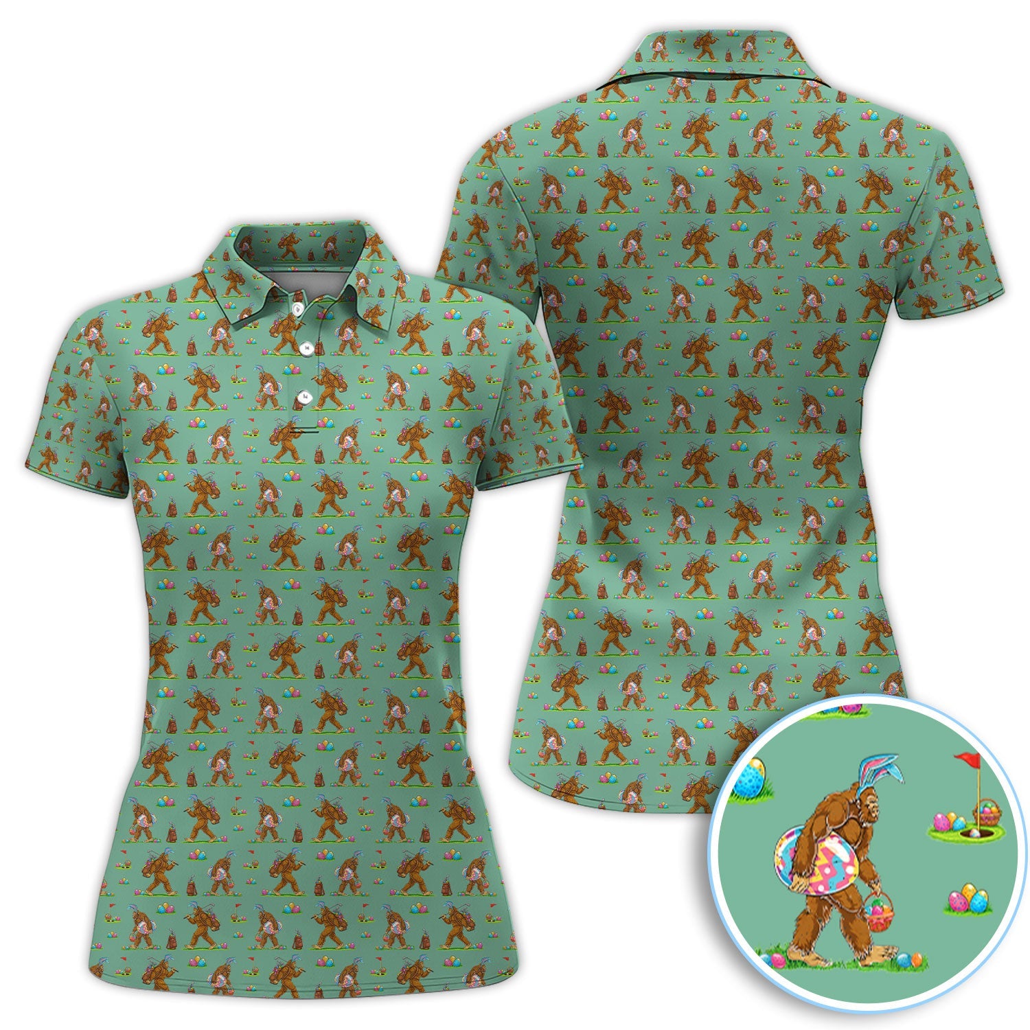 Bigfoot Easter Pattern Golf Polos, Bunny Sasquatch Golf Shirt For Men, Easter Day Shirt For Golfer