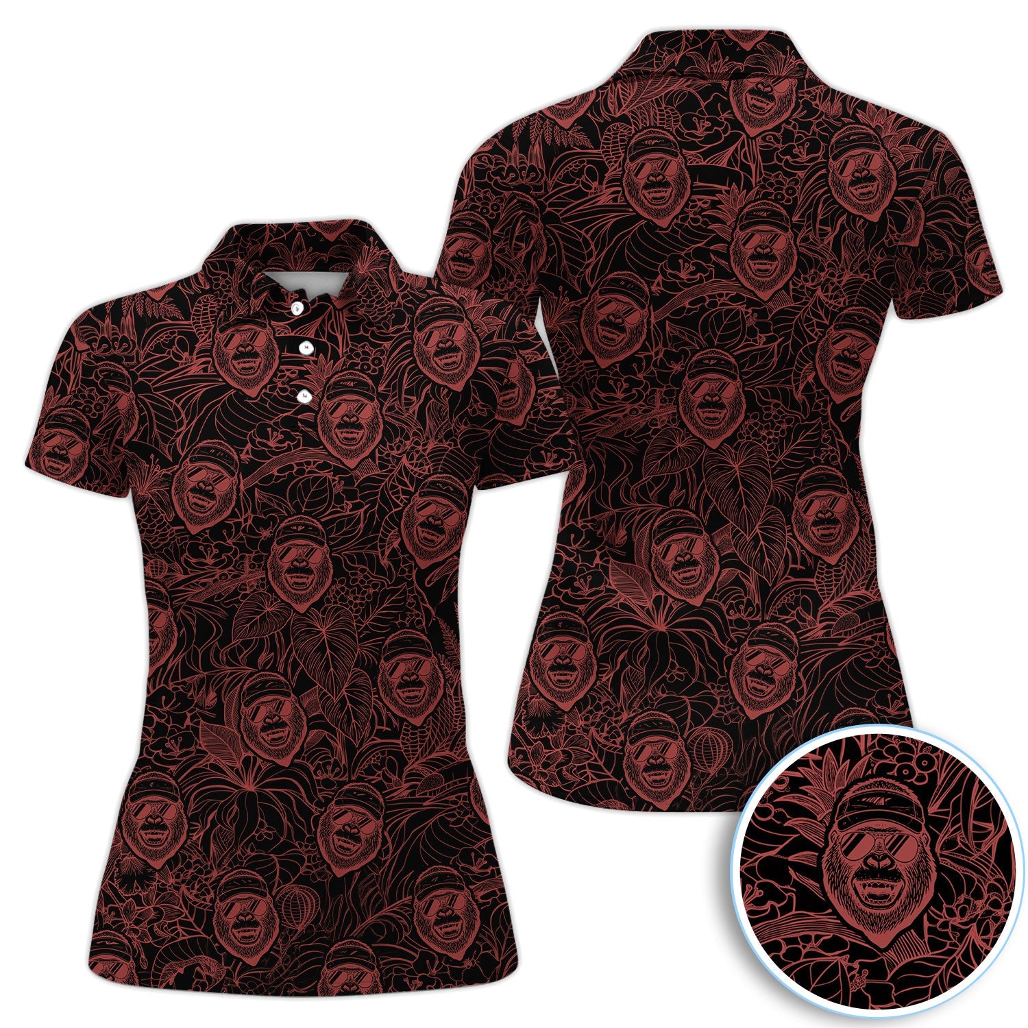 Bigfoot Red Neon Outline Polo Shirt For Men, Sasquatch Face All Over Print, Dark Cryptid Pattern Casual Golf Shirt