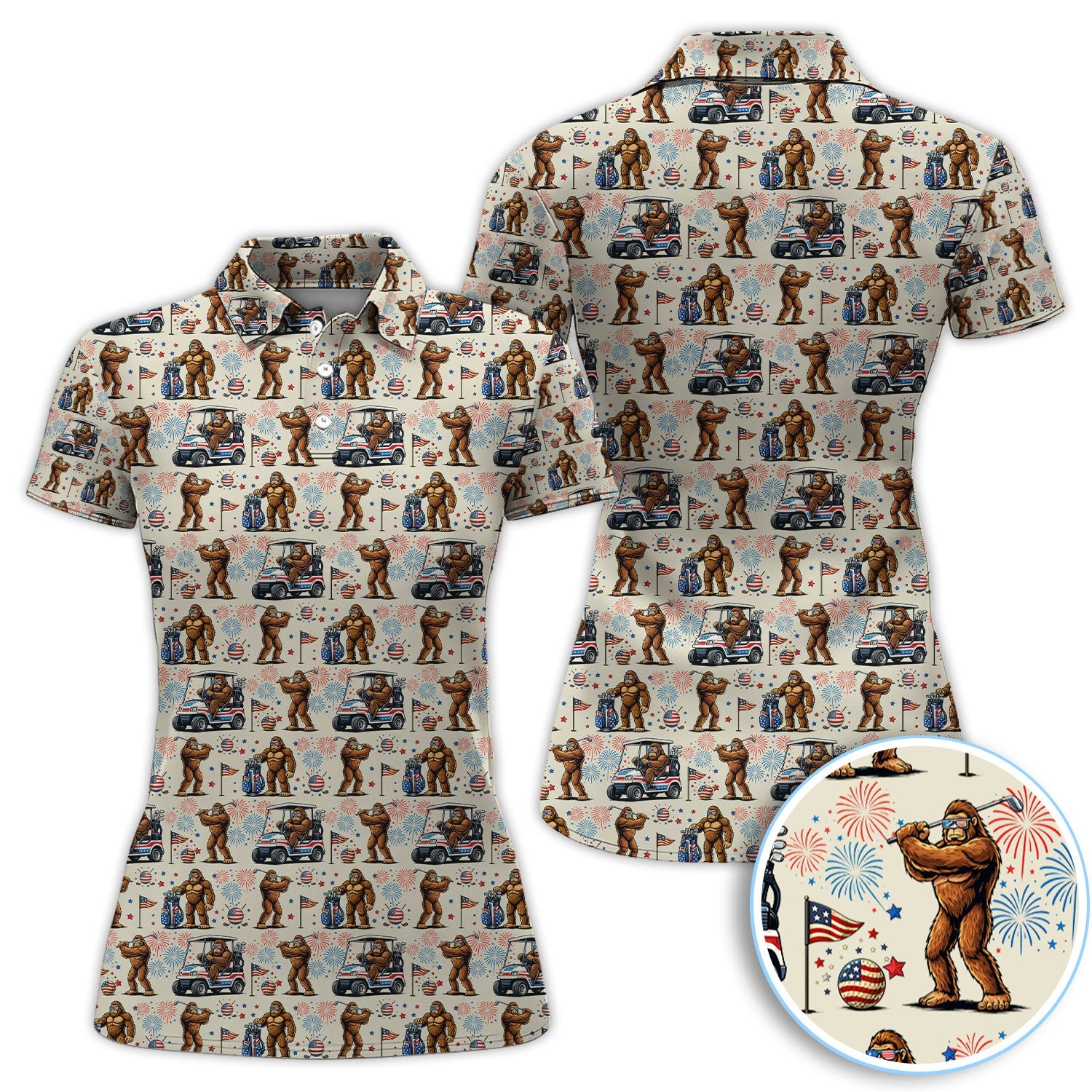 Funny Bigfoot Golf Polos For Golfer, Sasquatch Patriotic USA Pattern Golf Shirt, Golf Gift For Men