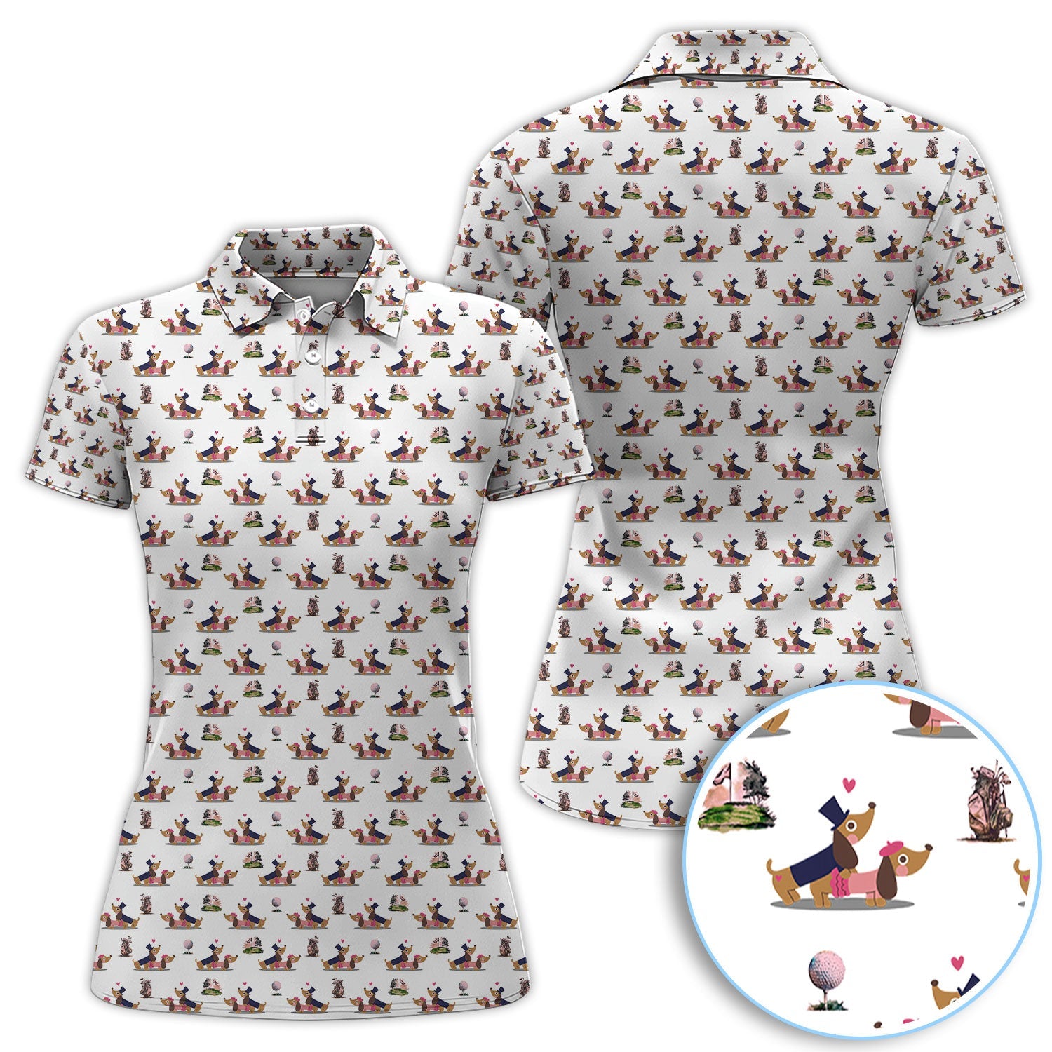 Dachshund Love Pattern Golf Shirt, Wiener Dog Golf Polos, Golf Gift For Golfer