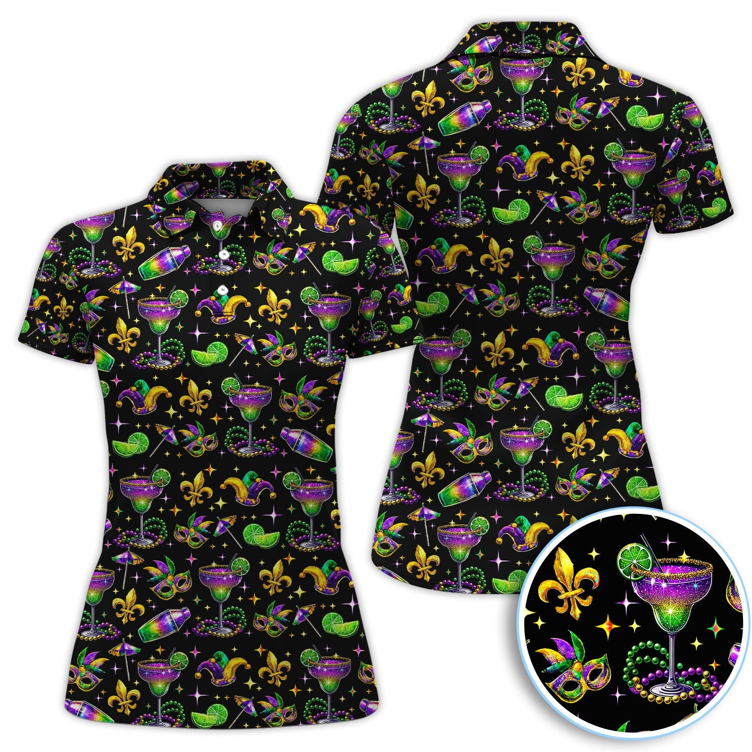 Funny Glitter Mardi Gras Pattern Golf Polos, Mardi Gras And Margaritas Golf Shirt For Men, Golf Gift For Golfer