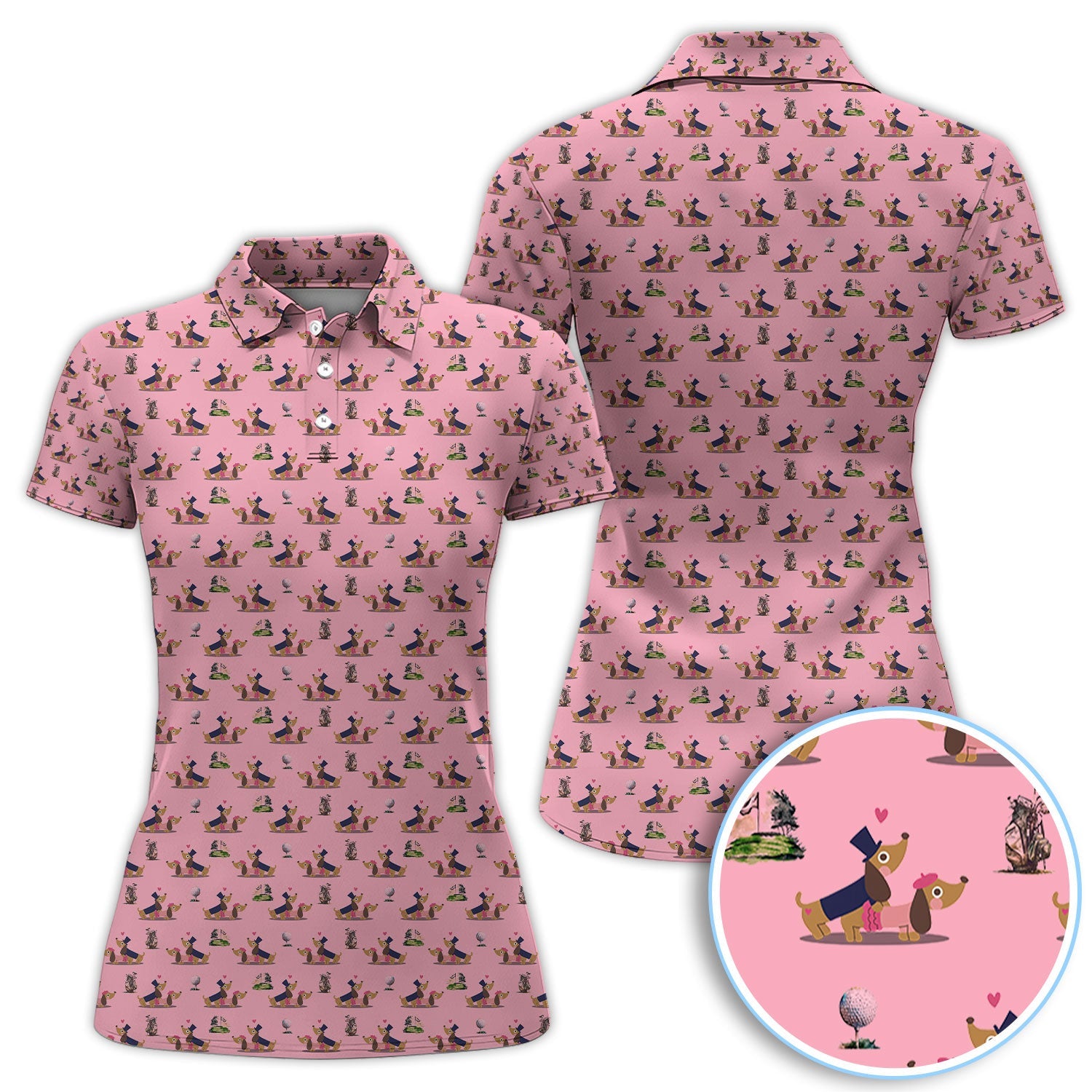 Dachshund Love Pattern Golf Shirt, Wiener Dog Golf Polos, Golf Gift For Golfer