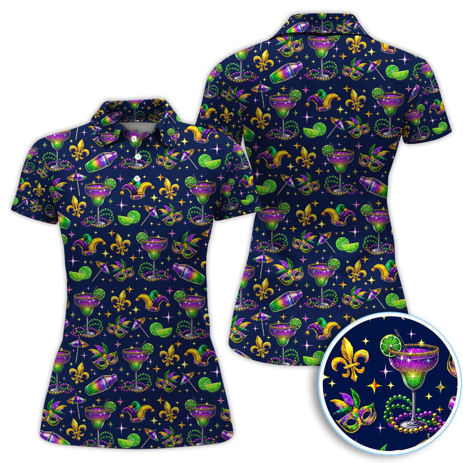 Funny Glitter Mardi Gras Pattern Golf Polos, Mardi Gras And Margaritas Golf Shirt For Men, Golf Gift For Golfer